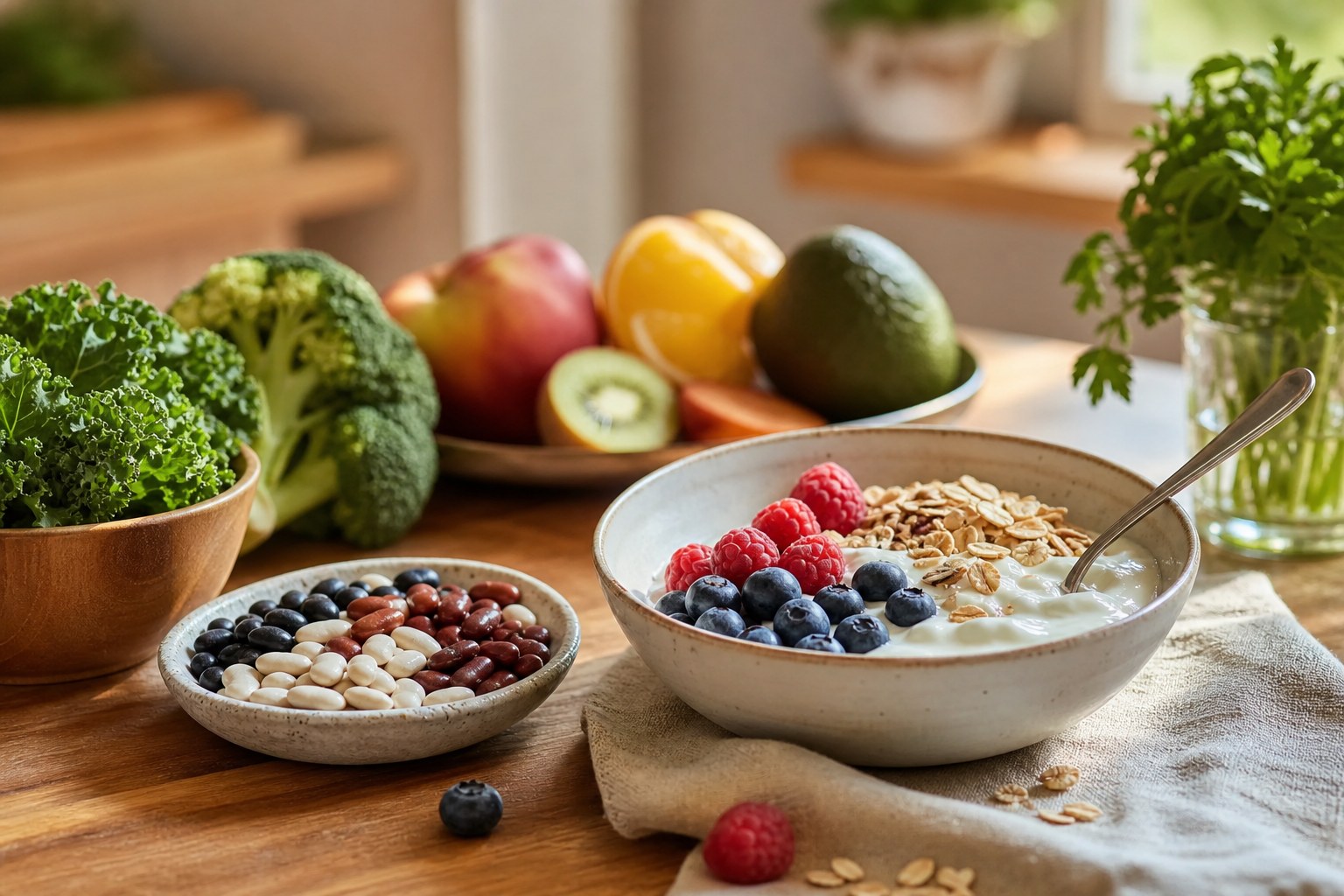 Yogurt with berries and oats beside beans and fresh produce on a warm table