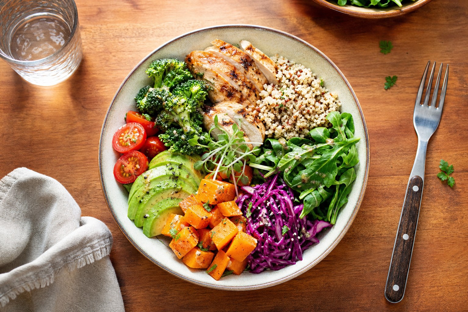 Colorful balanced lunch bowl with vegetables, protein, grains, and a fork