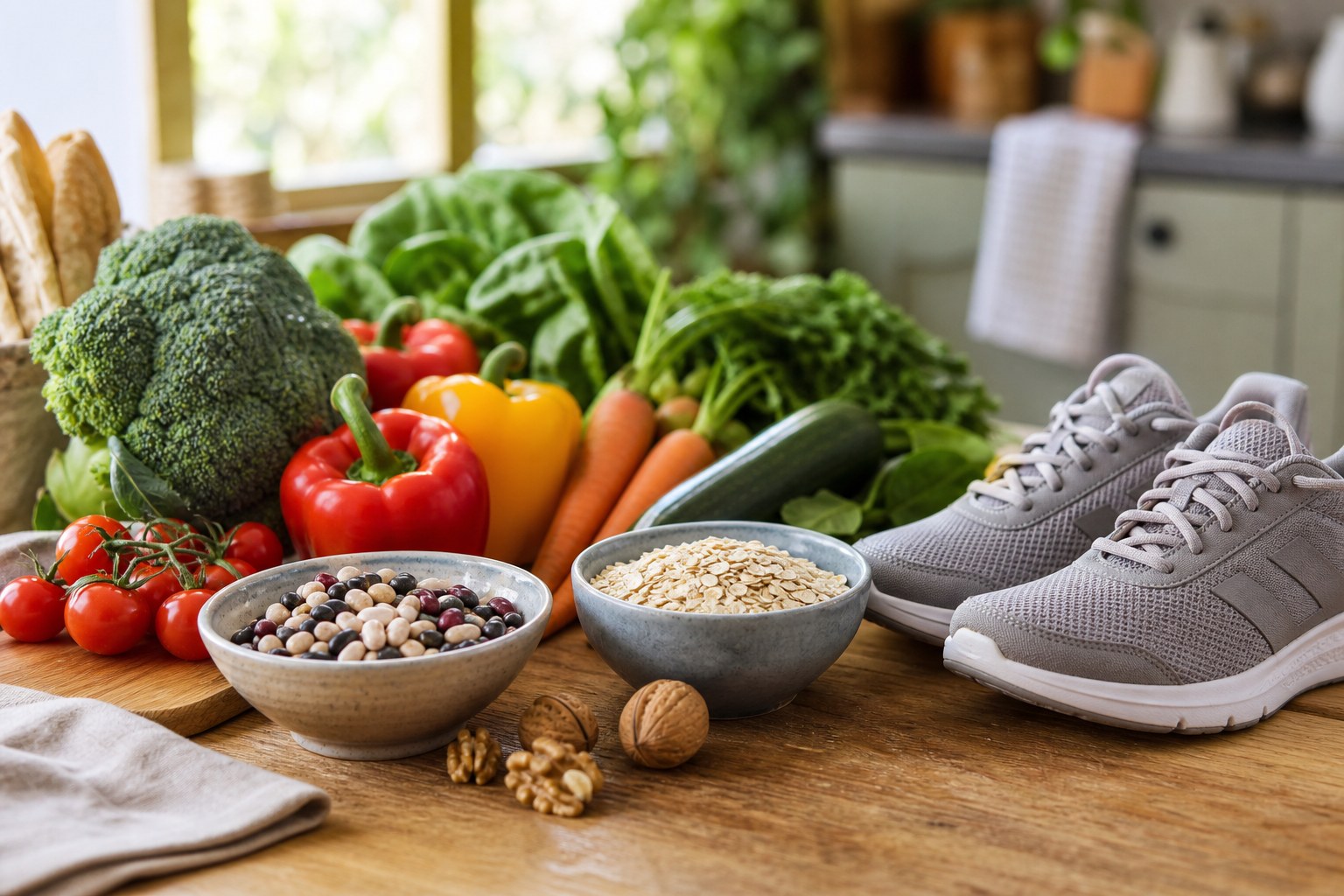 Fresh vegetables, beans, whole grains, and walking shoes on a warm kitchen table