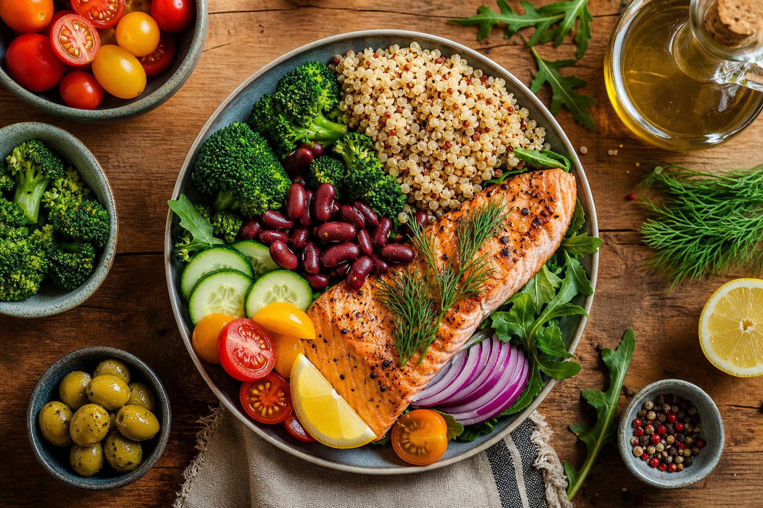 Colorful heart-conscious meal with vegetables, salmon, beans, whole grains, olive oil, and herbs