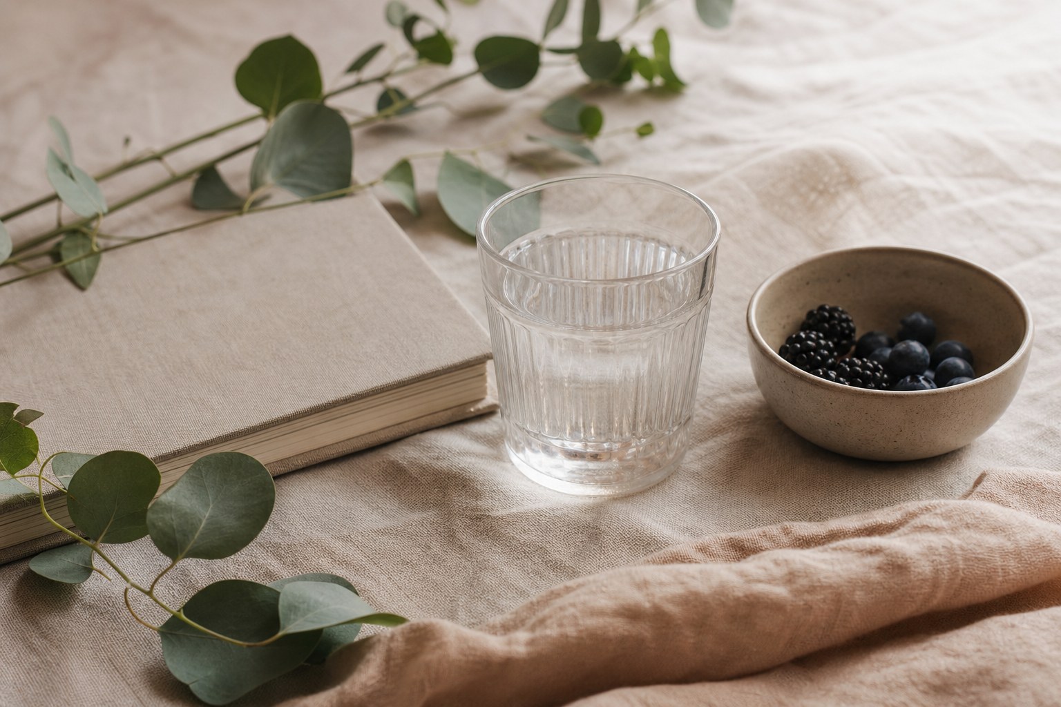 Glass of water, berries, notebook, and botanical leaves on a warm linen surface