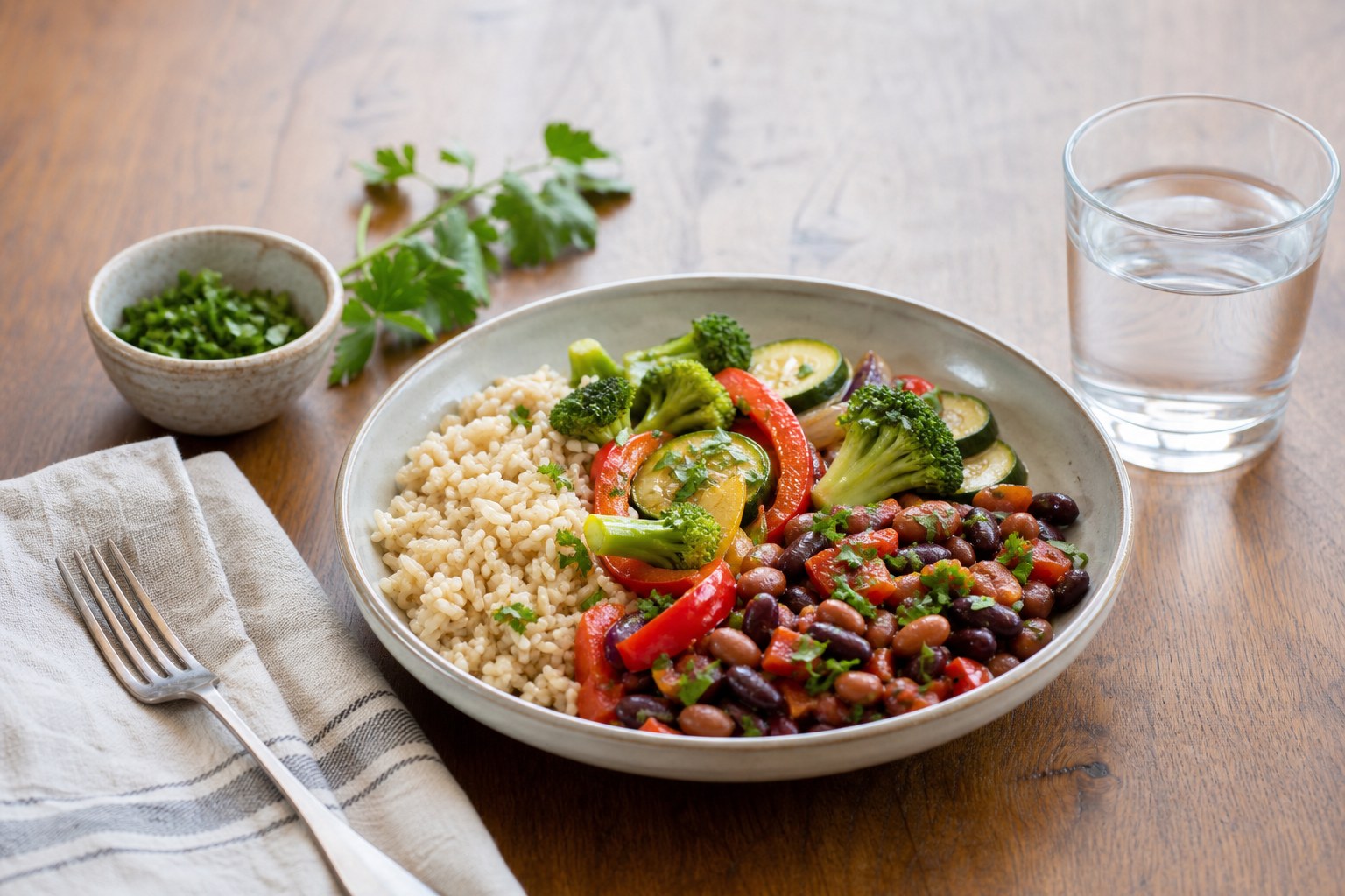 Balanced home meal with vegetables, beans, grains, water, and herbs on a warm table