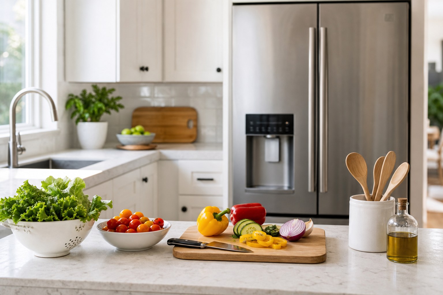 Clean home kitchen counter with washed produce, cutting board, separate utensils, and refrigerator