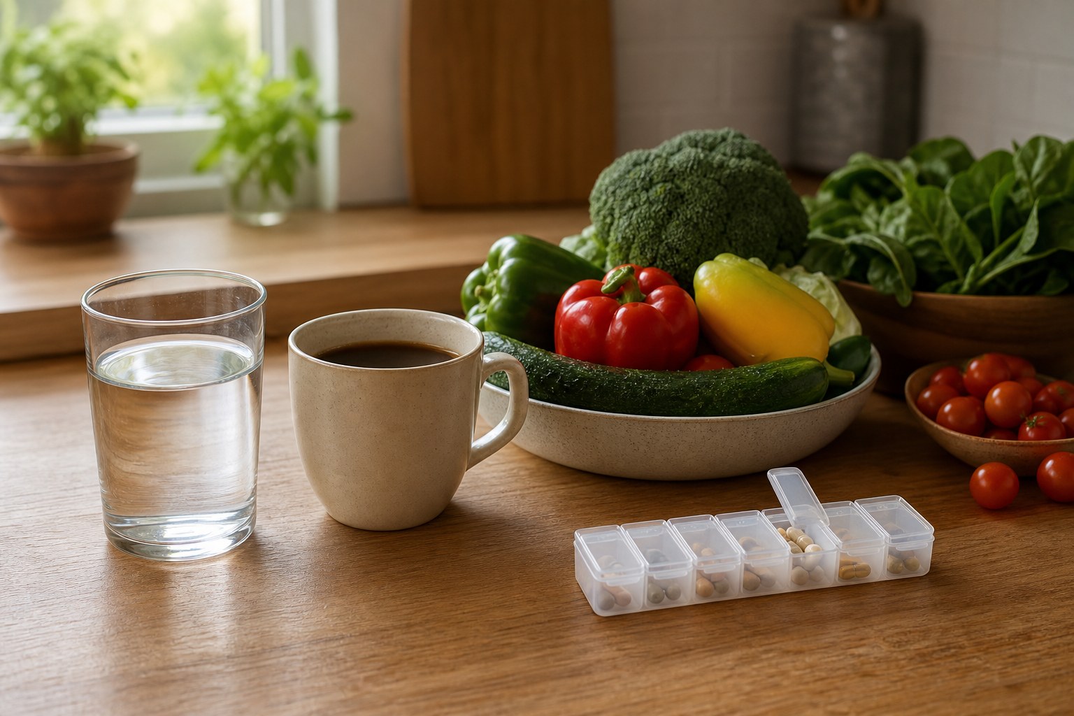 Water, coffee, fresh vegetables, and a pill organizer arranged on a kitchen table