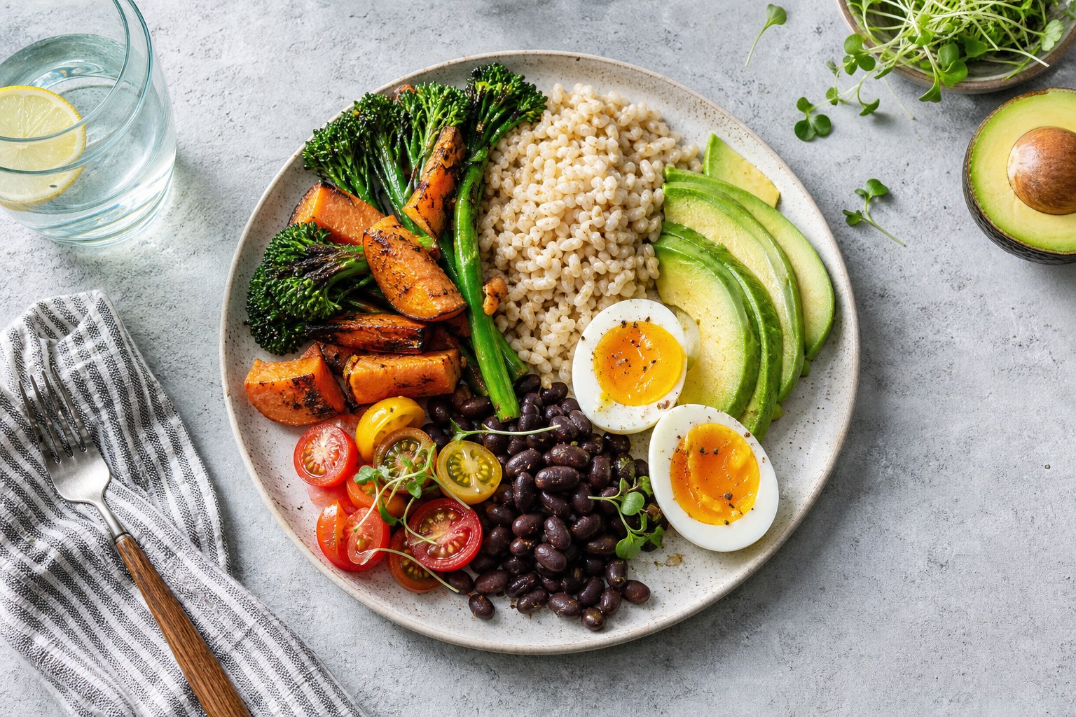 Balanced meal with roasted vegetables, beans, whole grains, eggs, and avocado