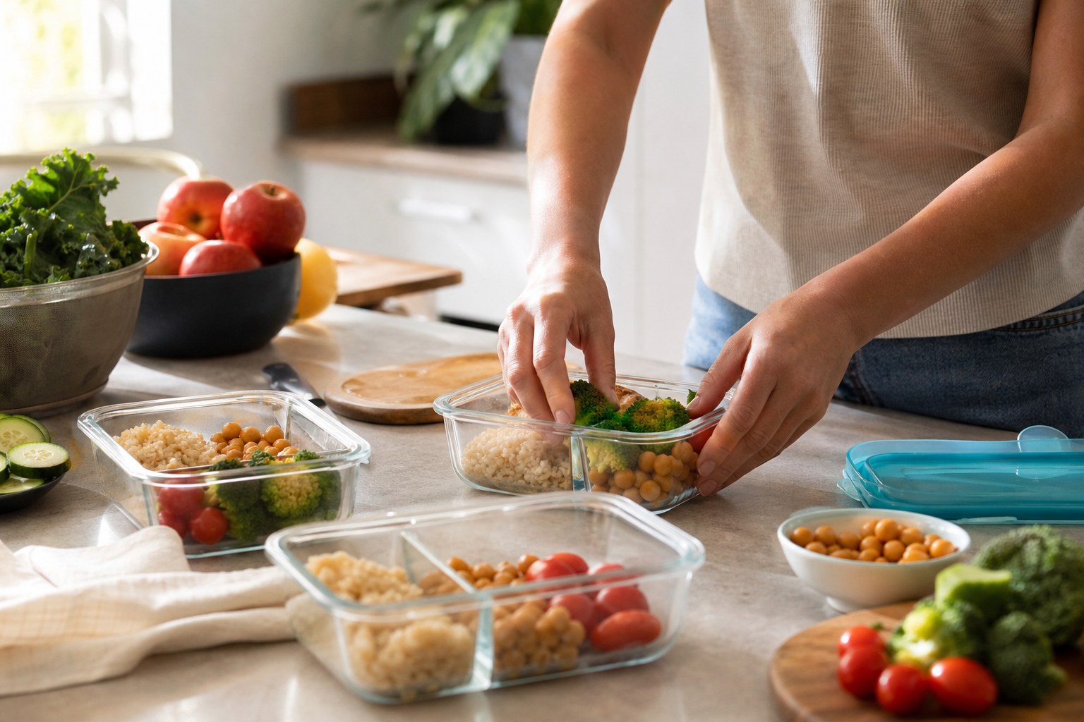 Adult packing a simple balanced lunch with vegetables, fruit, grains, and protein