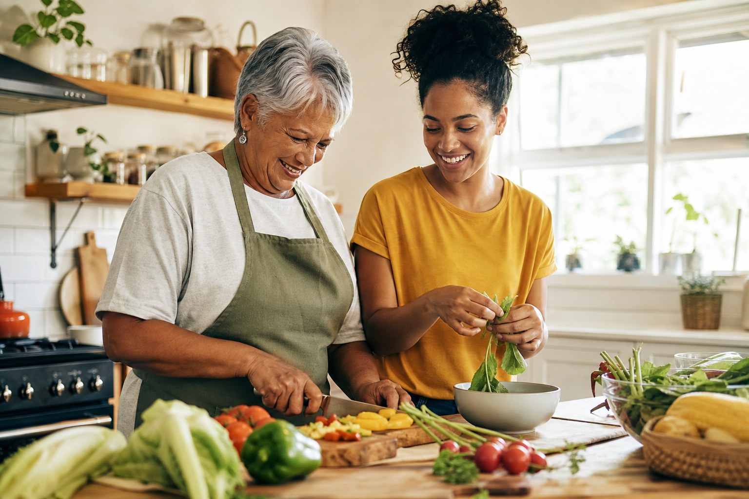 An older adult and a younger adult preparing fresh vegetables in a bright kitchen