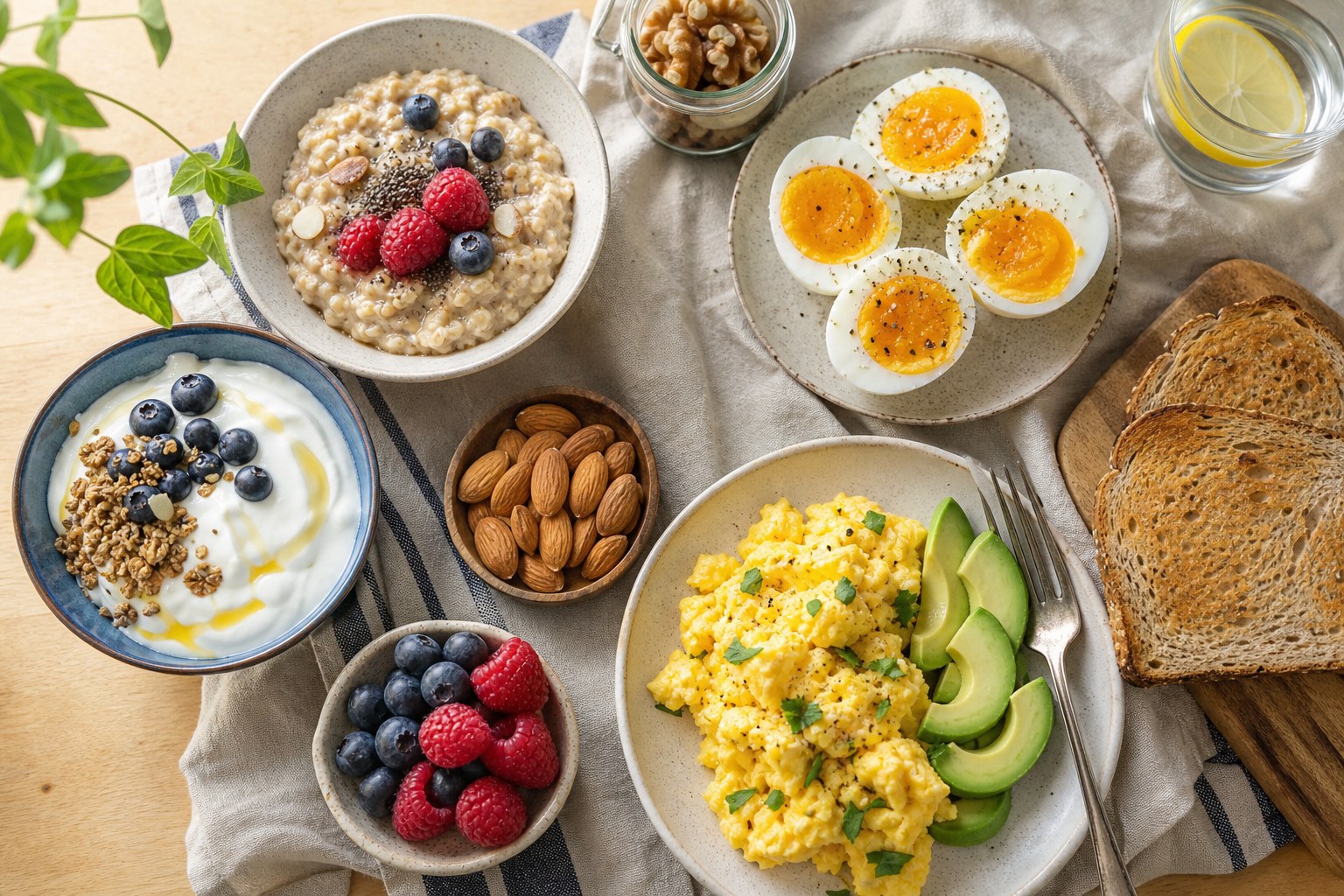 Eggs, Greek yogurt, oats, berries, toast, and nuts arranged as a breakfast spread