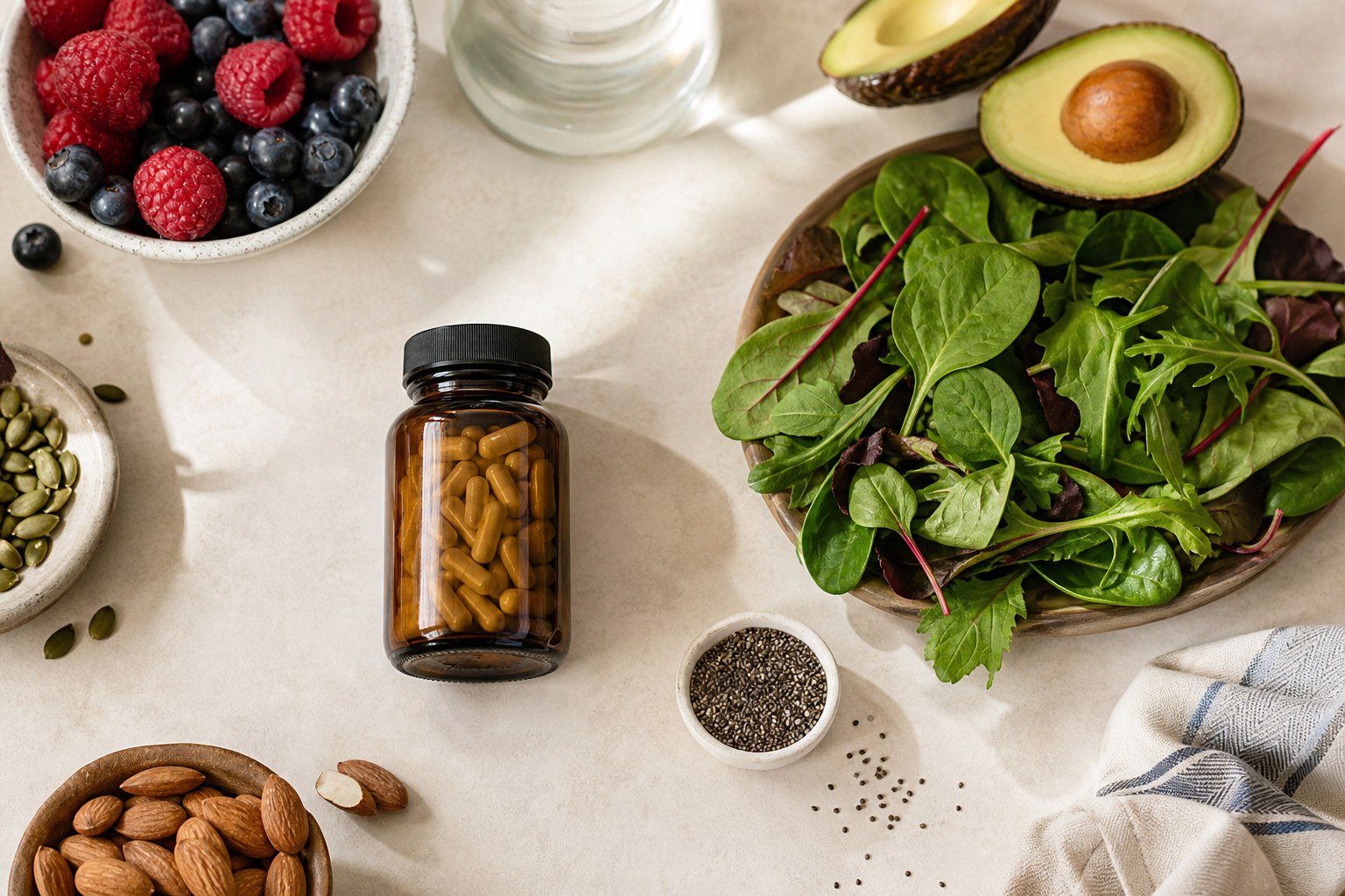 Berries, leafy greens, avocado, nuts, seeds, and a small supplement bottle on a warm table