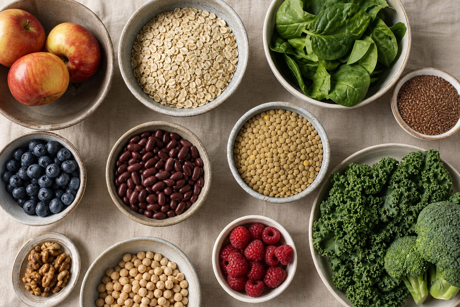 Bowls of oats, beans, berries, apples, lentils, and leafy vegetables on warm linen