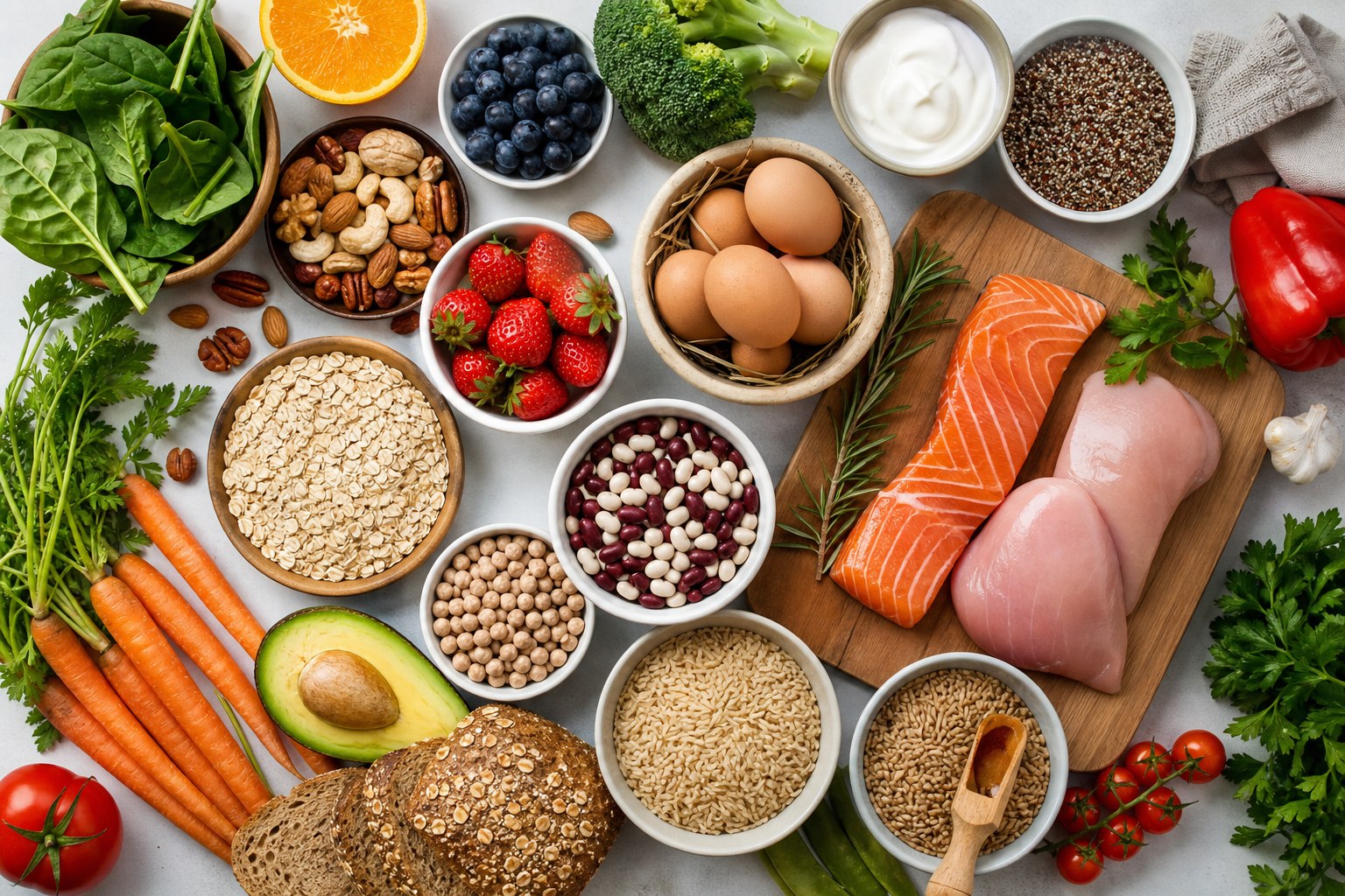 Colorful produce, yogurt, eggs, beans, nuts, and grains arranged as varied whole foods