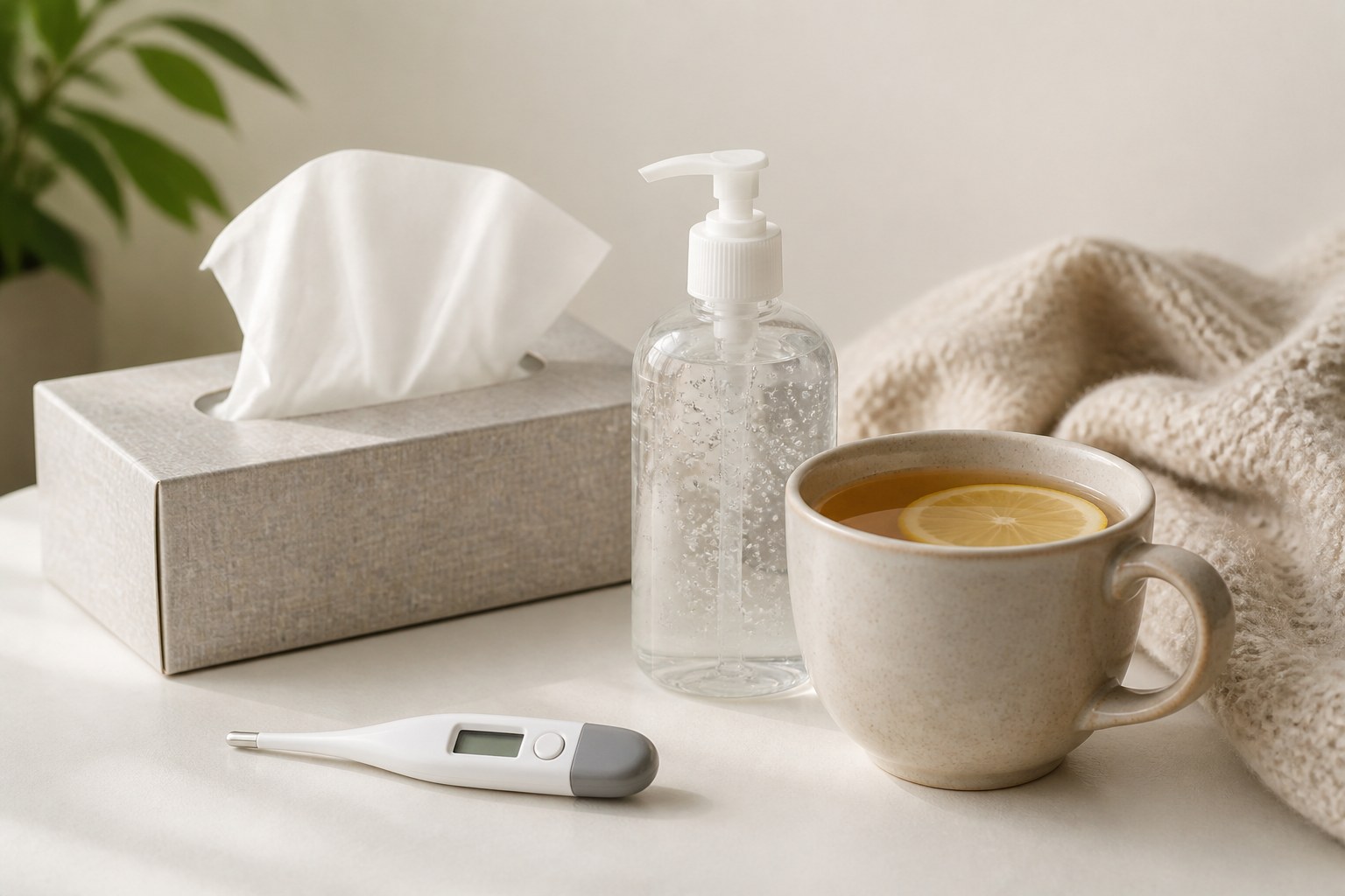 Thermometer, tissues, hand sanitizer, and tea arranged on a clean table