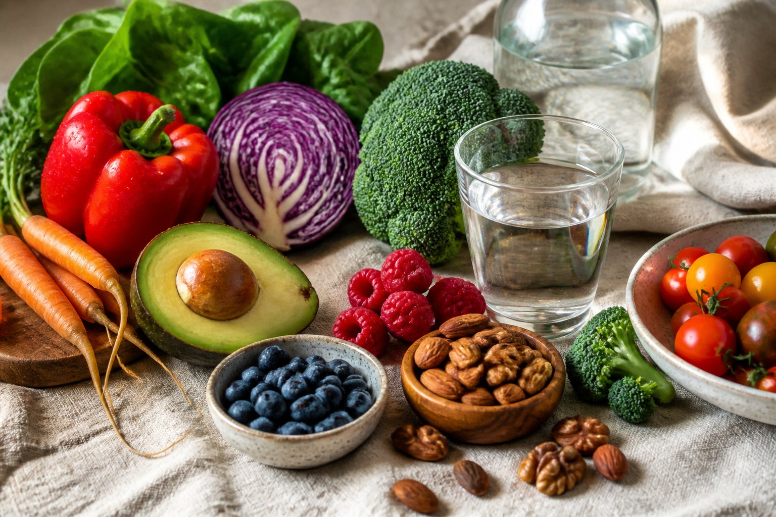 Colorful vegetables, berries, avocado, and nuts on a warm table