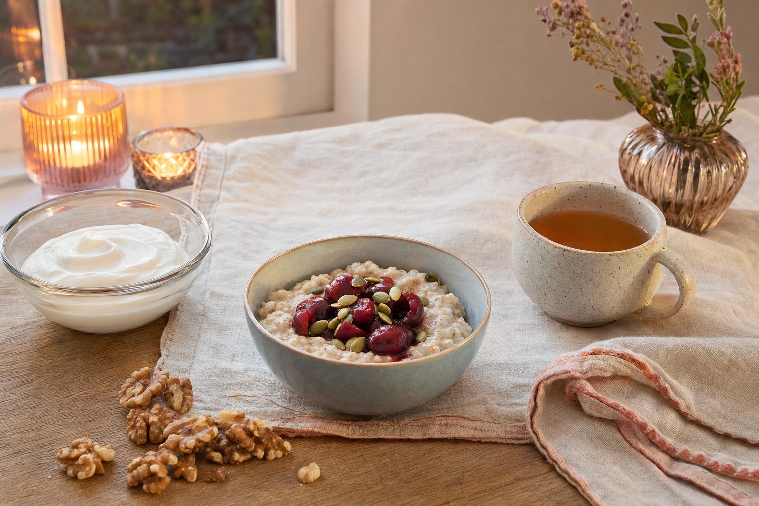 Oatmeal with cherries and pumpkin seeds beside yogurt, walnuts, and herbal tea on a warm table