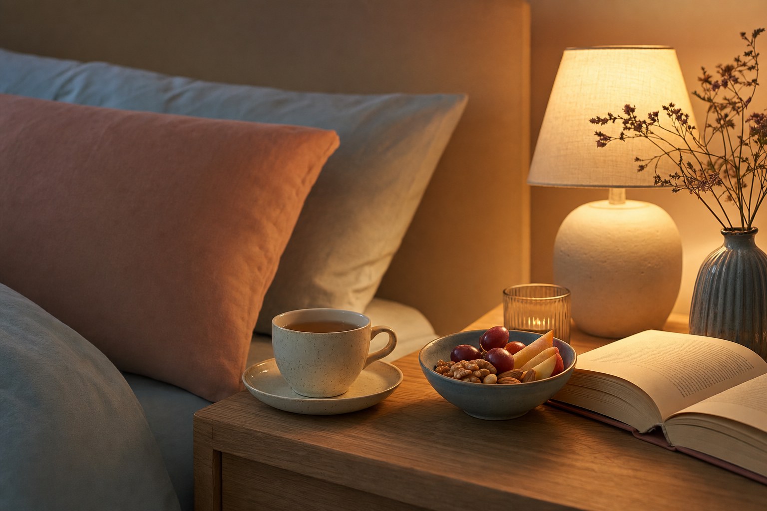 A warm bedside table with herbal tea, fruit and nuts, a book, and a softly lit lamp