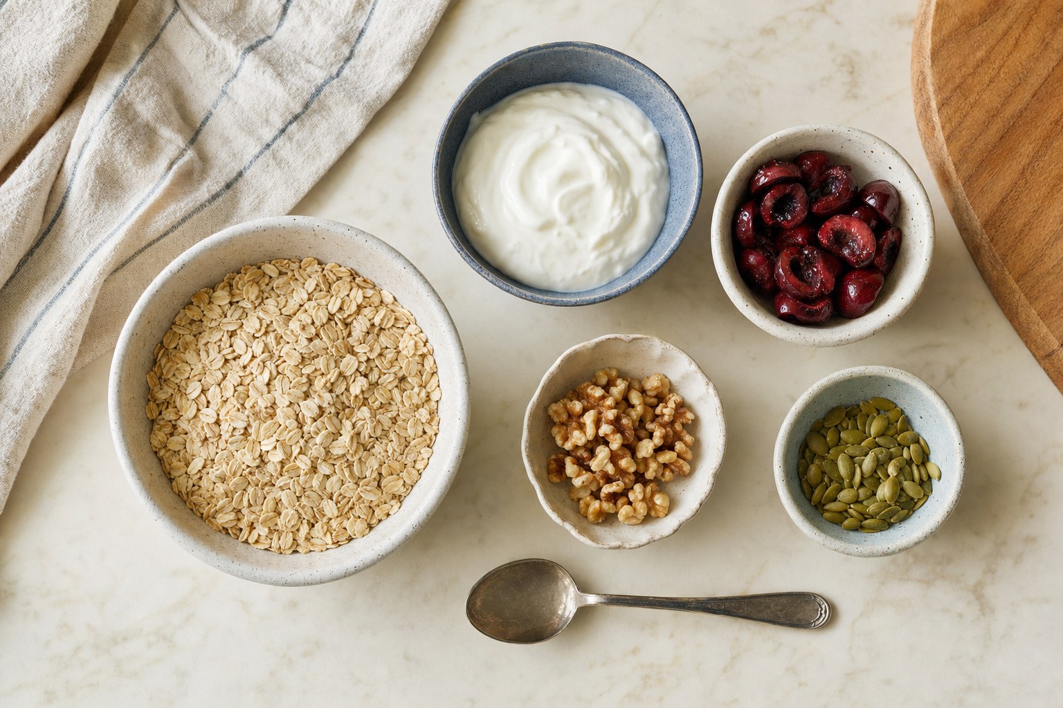 Oats, yogurt, cherries, walnuts, and pumpkin seeds arranged in small bowls