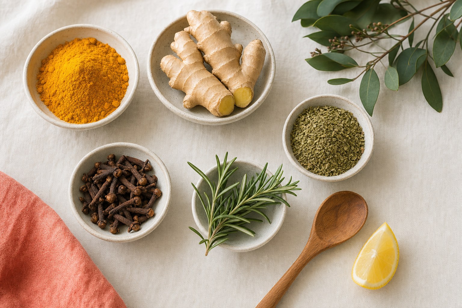 Turmeric, ginger, oregano, cloves, and rosemary arranged in small dishes on a warm linen surface