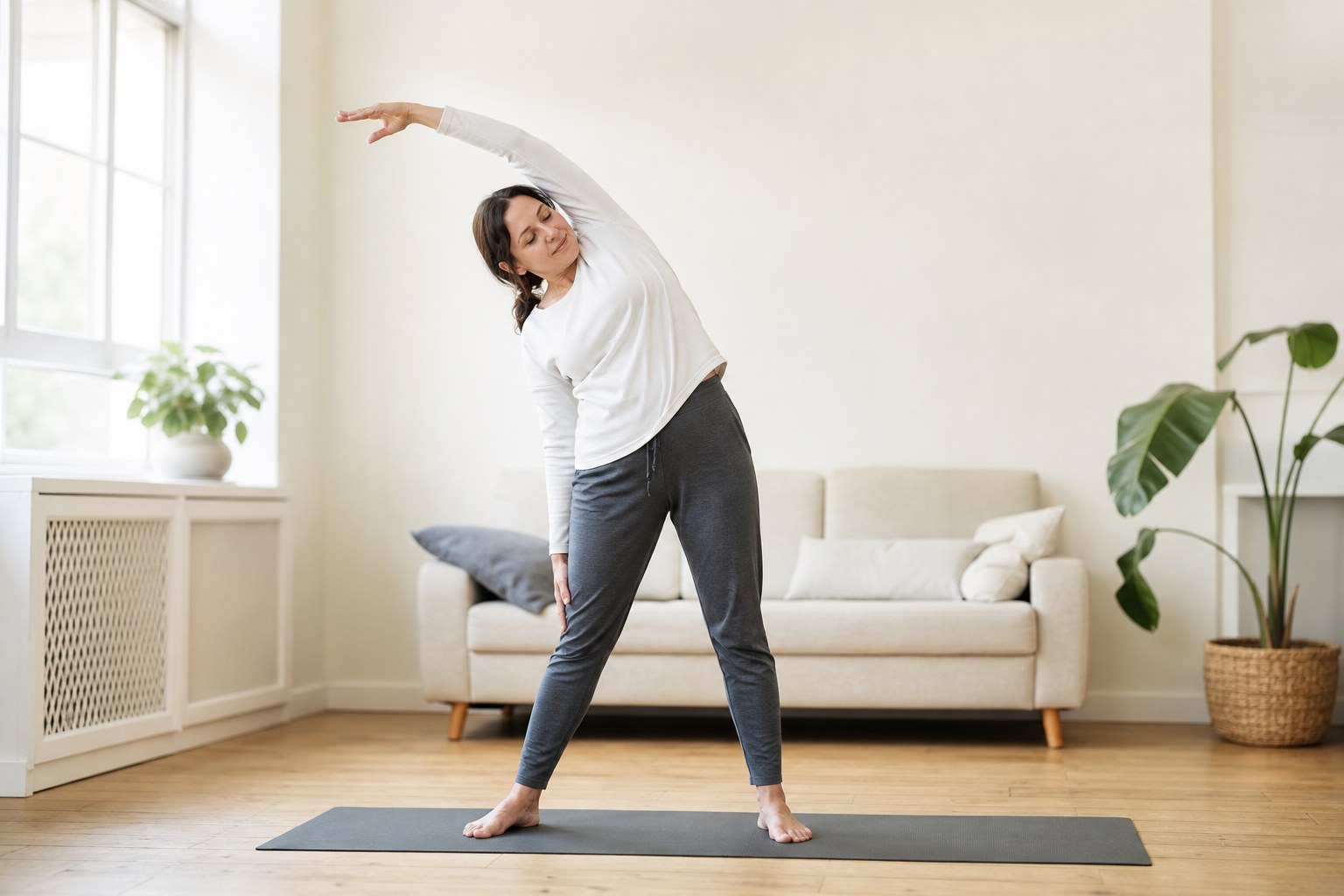 Person doing a gentle standing side stretch in a bright living room
