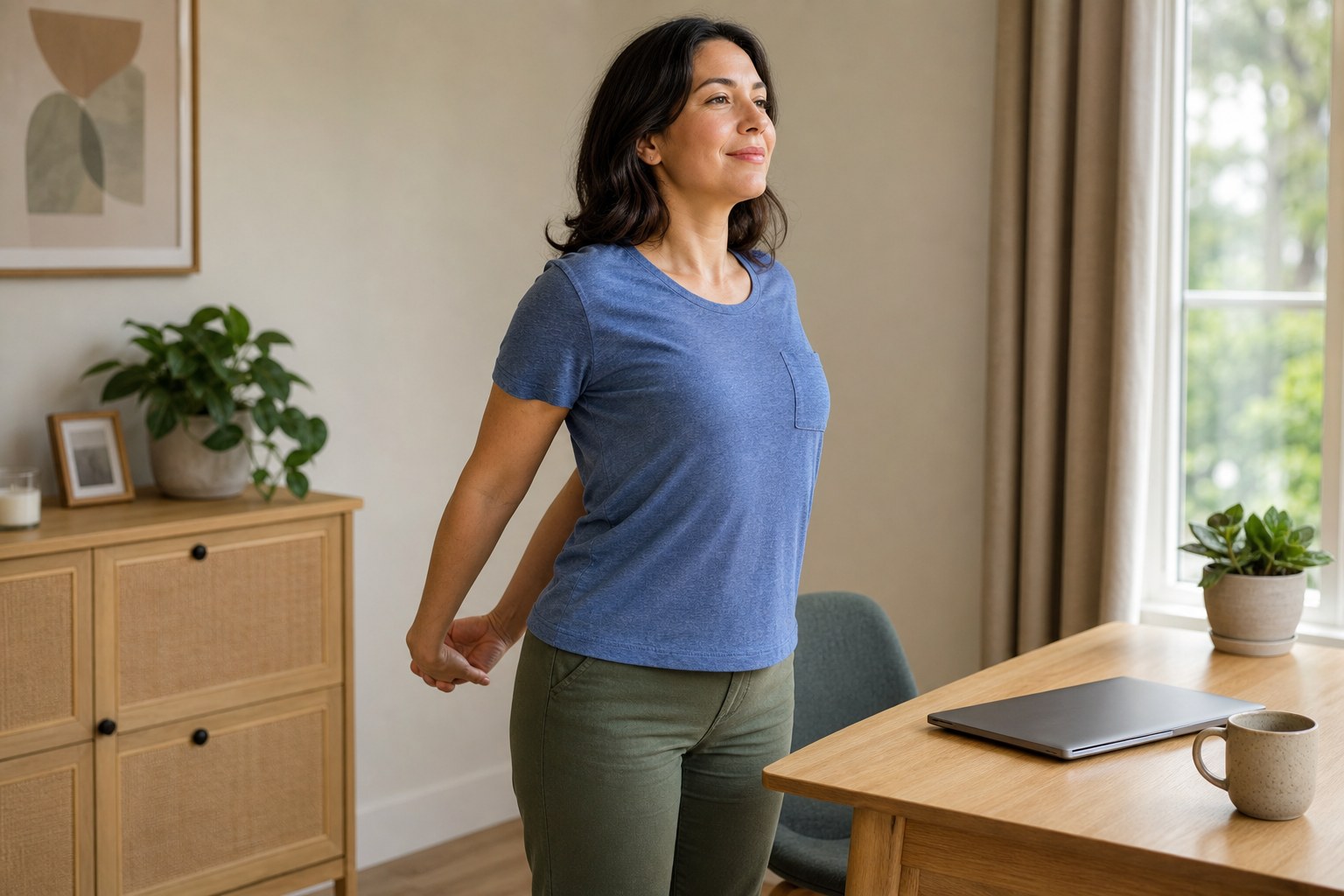 Person taking a gentle shoulder stretch beside a desk during a work break