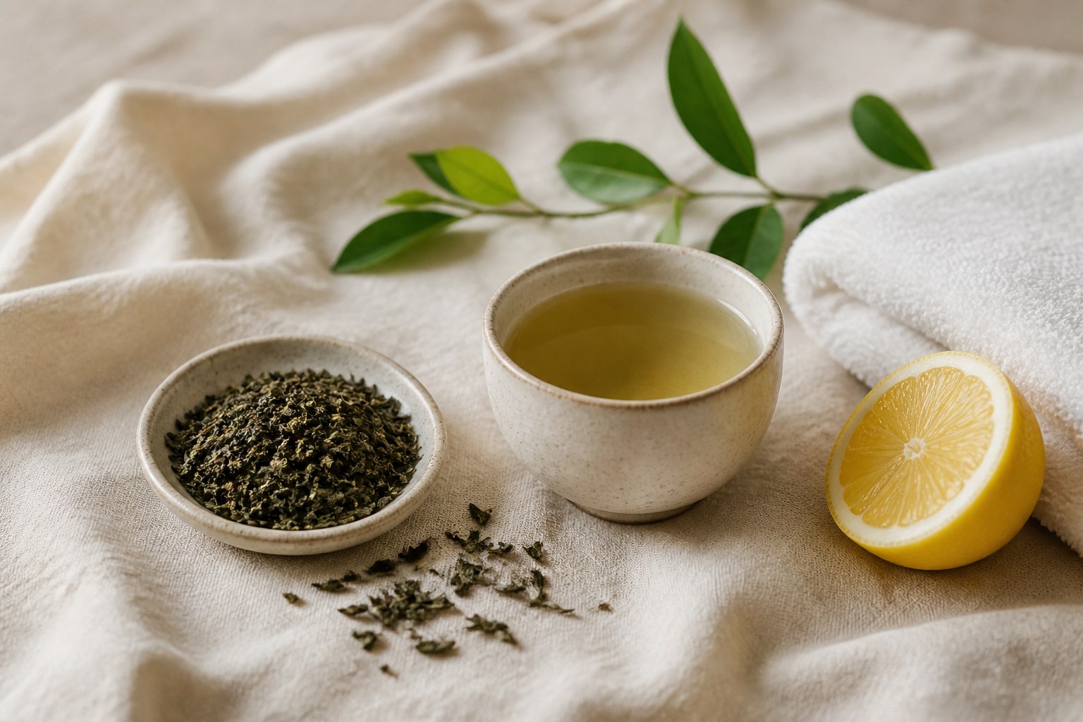 Tea leaves and a ceramic cup on warm linen