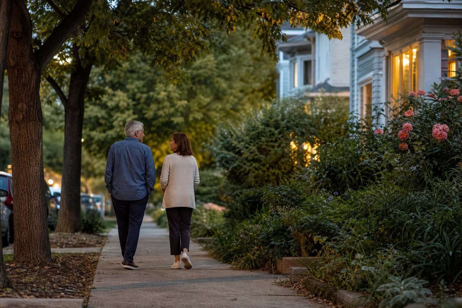 Two adults taking a relaxed walk on a leafy neighborhood sidewalk after dinner