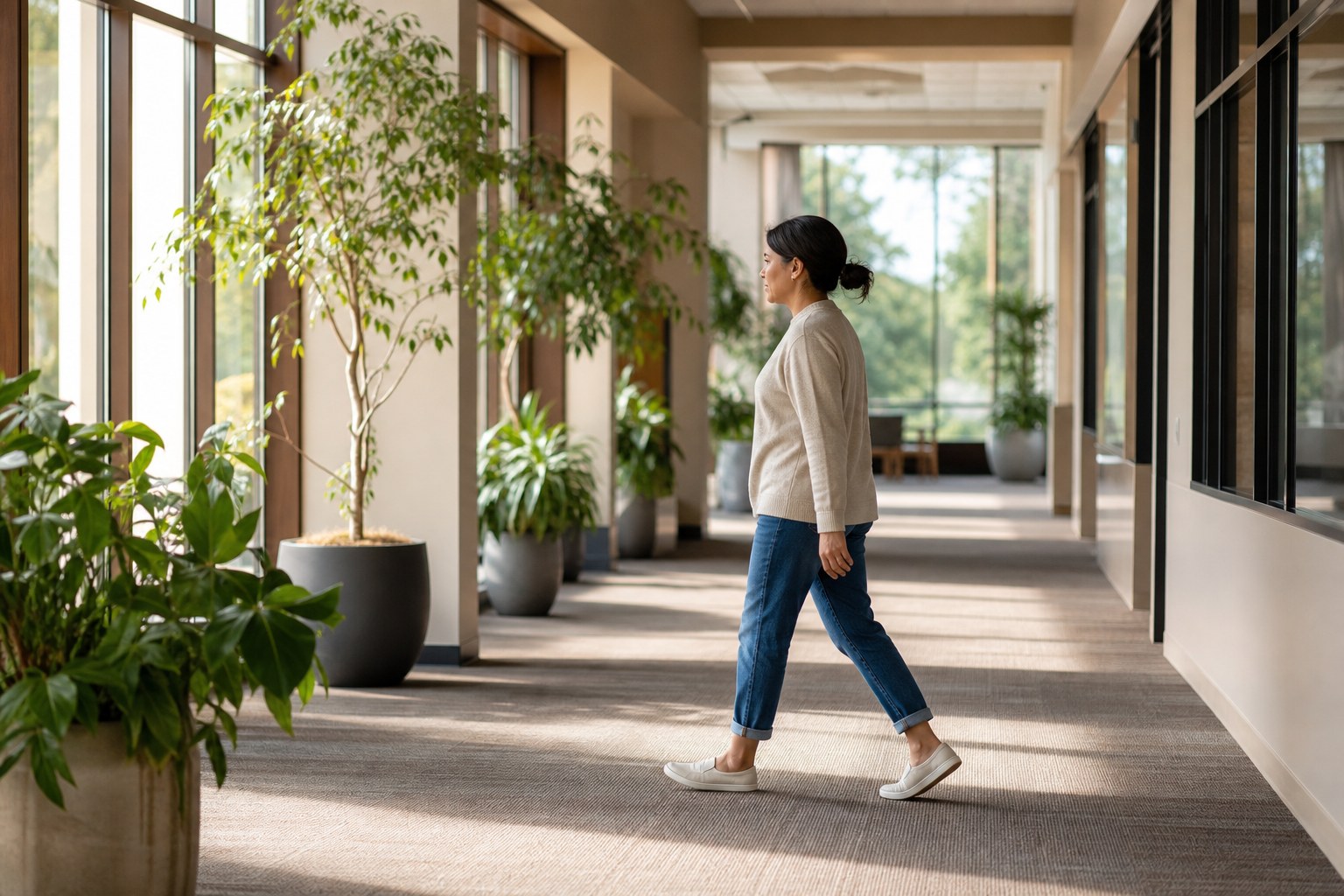 Person taking a relaxed indoor walking break in a sunlit community space