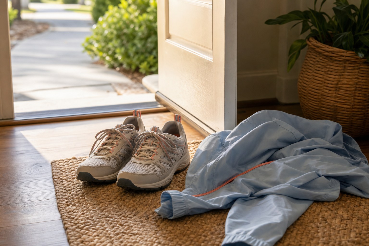Comfortable walking shoes and a light jacket ready by an open front door