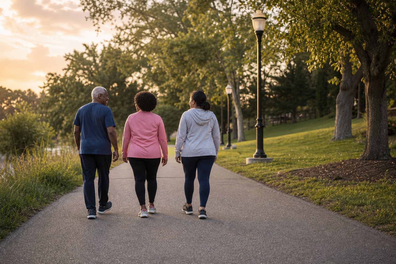 Three adults enjoying an unhurried walk together on a park path at golden hour