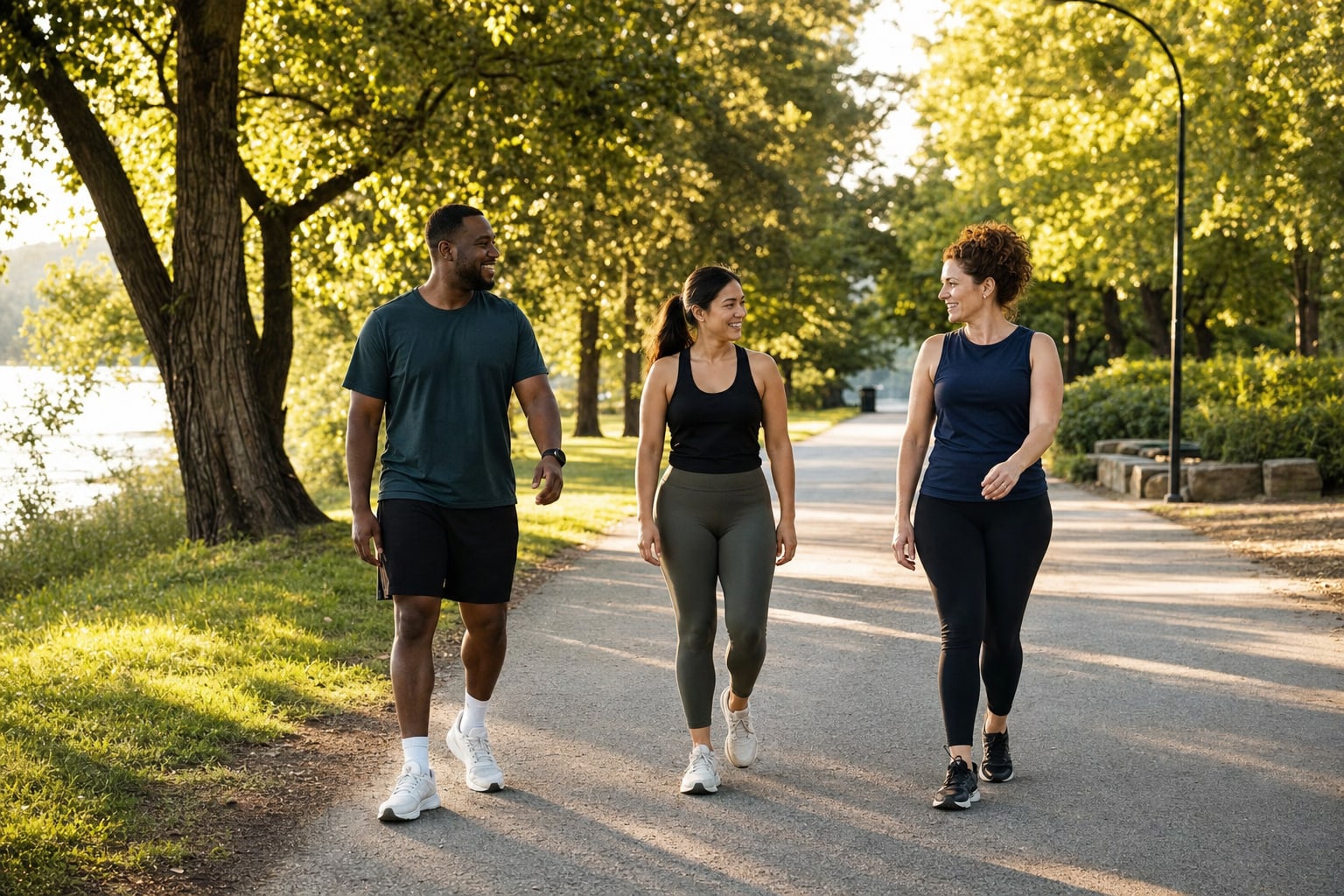 Three friends walking together on a sunny community trail