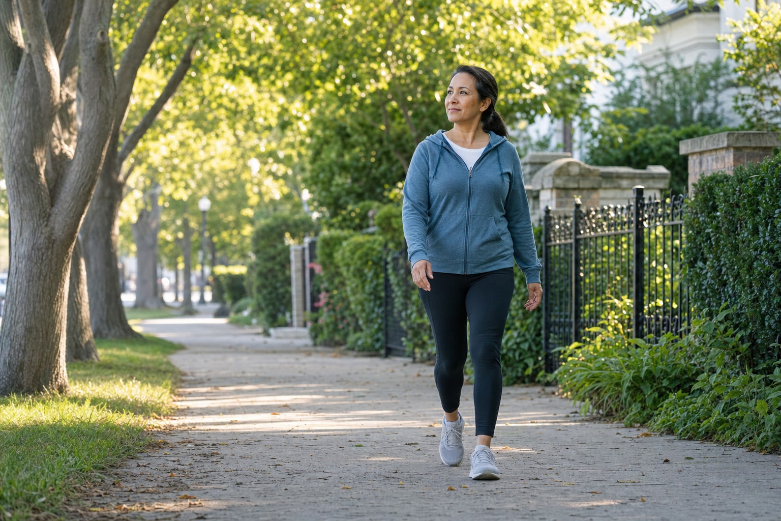 Woman walking along a sunny tree-lined neighborhood path