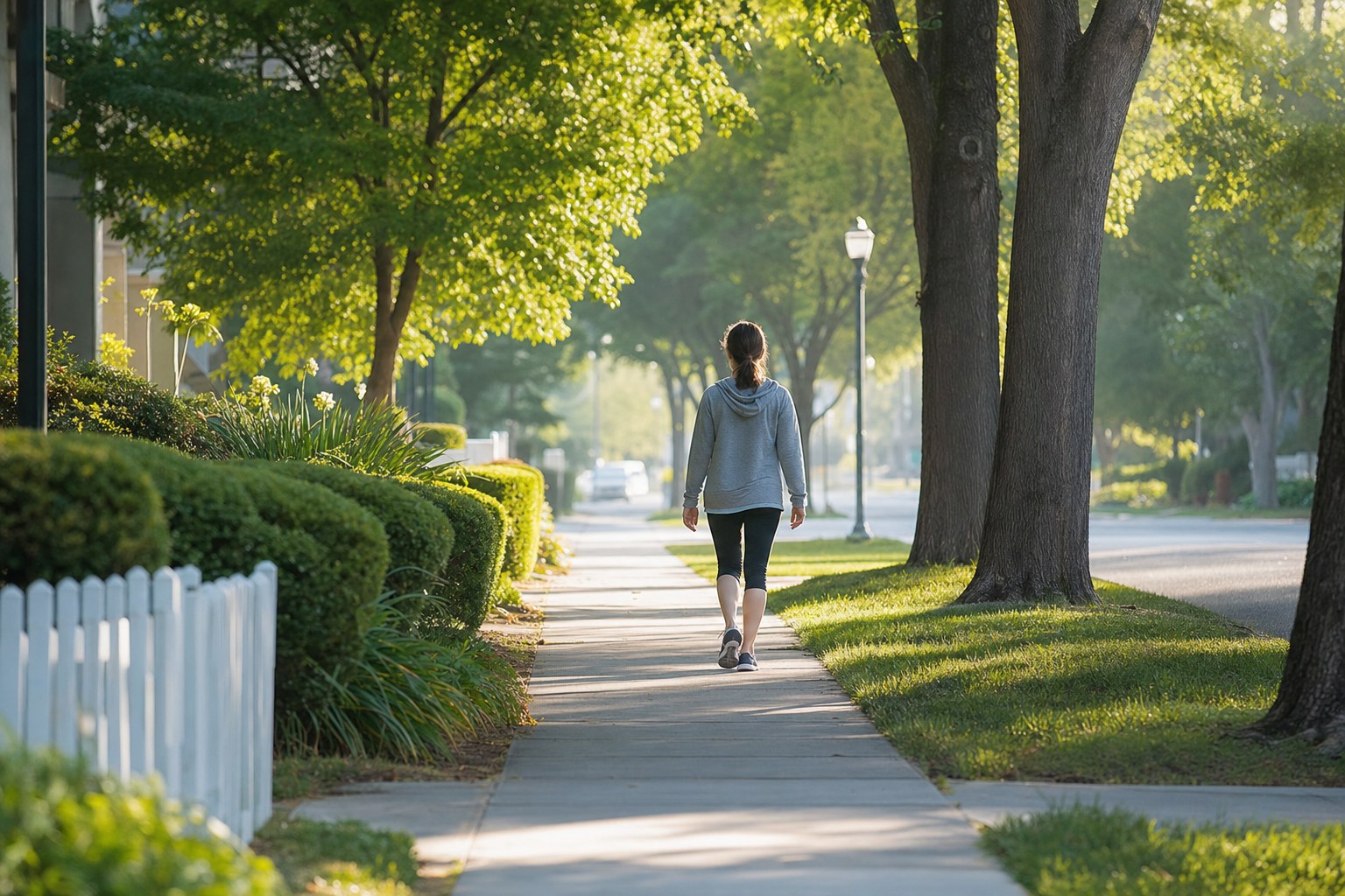Person taking a relaxed morning walk along a leafy neighborhood sidewalk