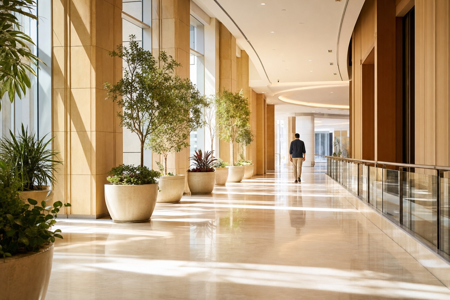 Adult taking a gentle walking break in a bright indoor corridor