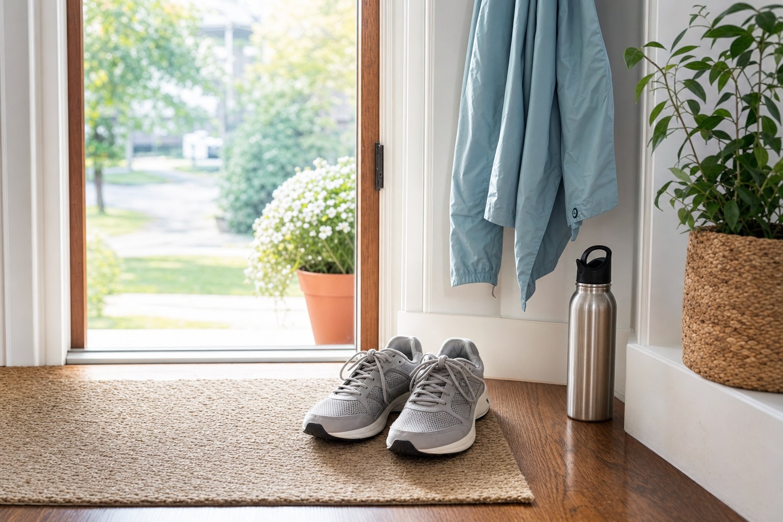 Comfortable walking shoes, a light jacket, and a water bottle ready by a home entryway