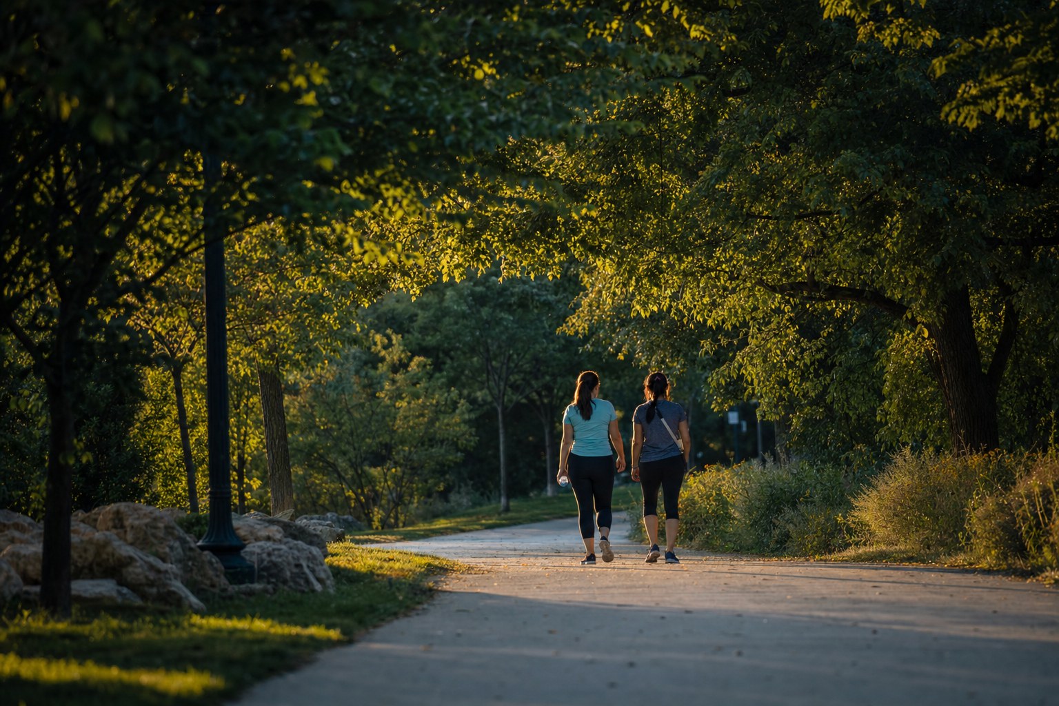 Two adults taking an unhurried walk together on a leafy park path