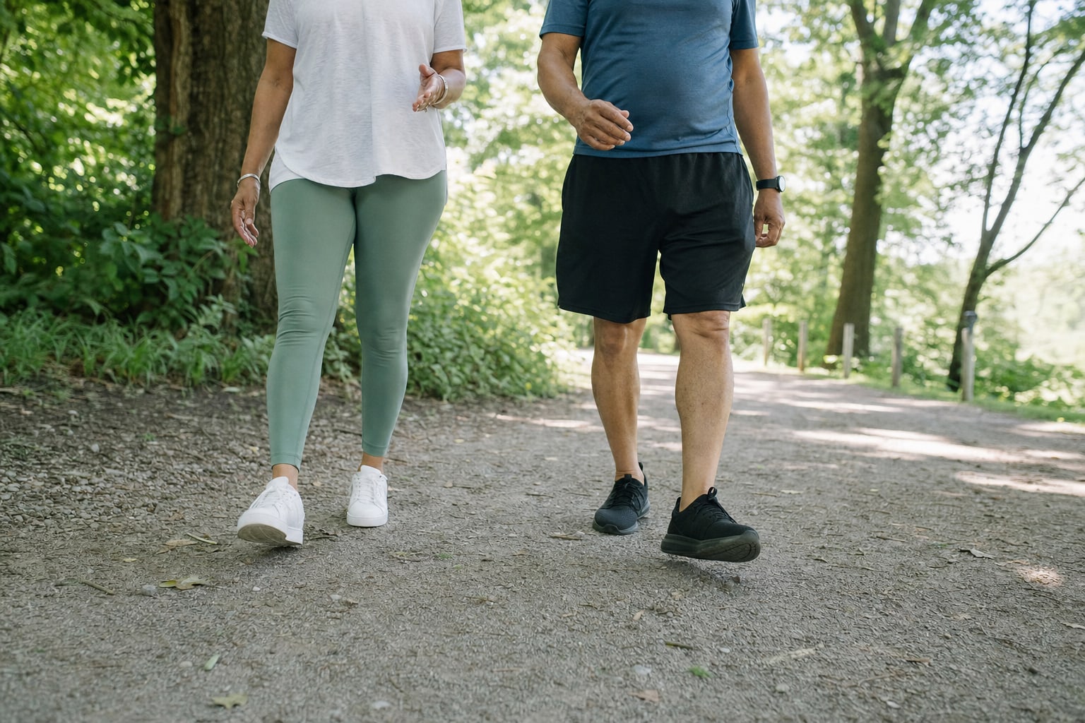 Two people walking together on a leafy park path