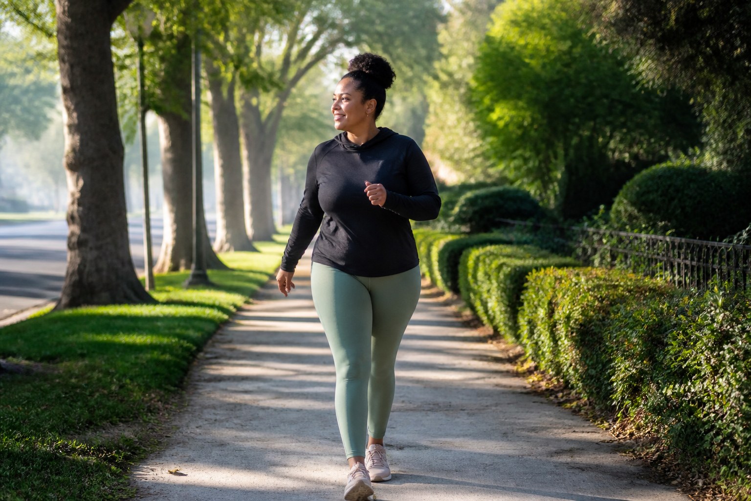 Adult walking briskly on a leafy path