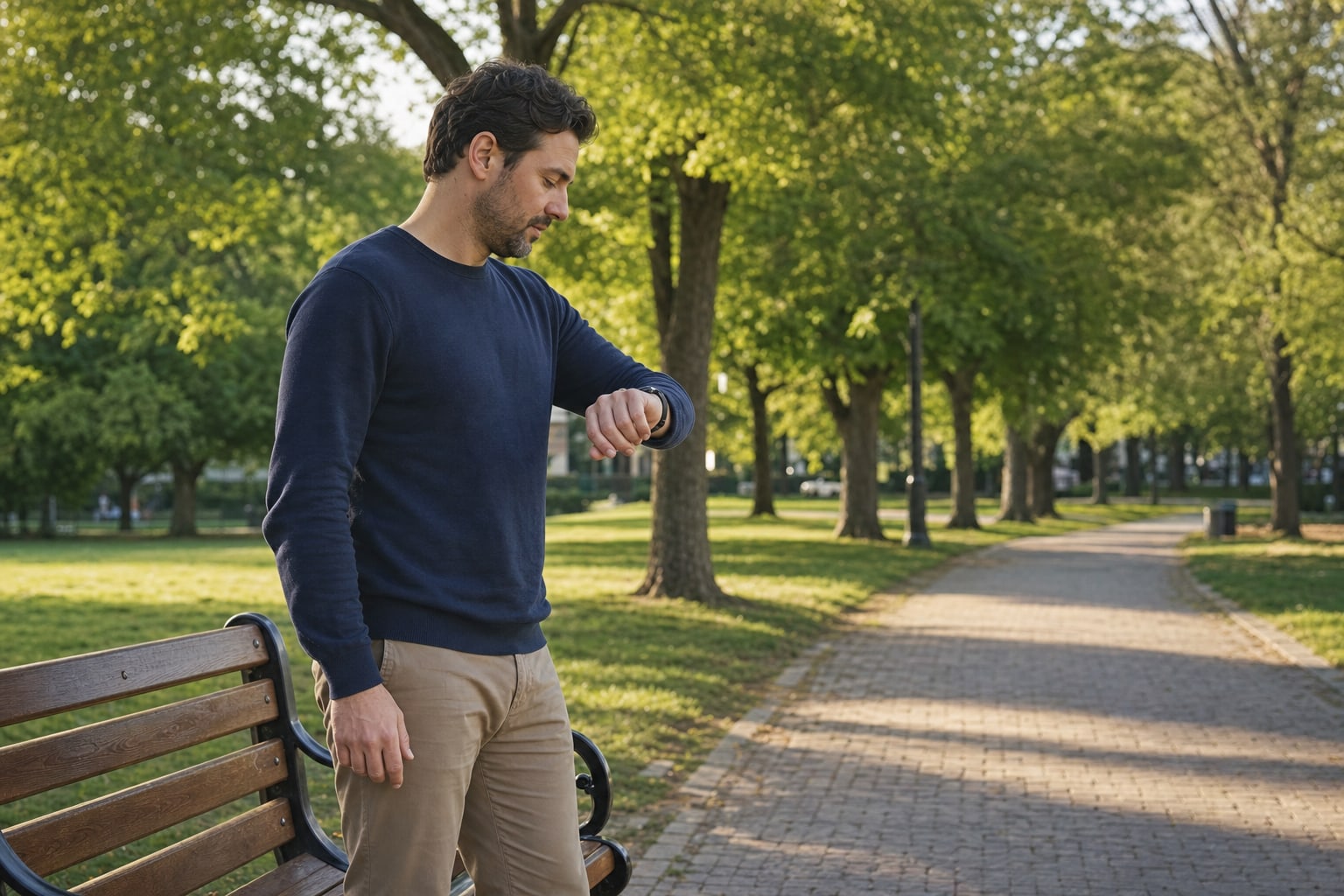 Man checking the time before continuing his park walk