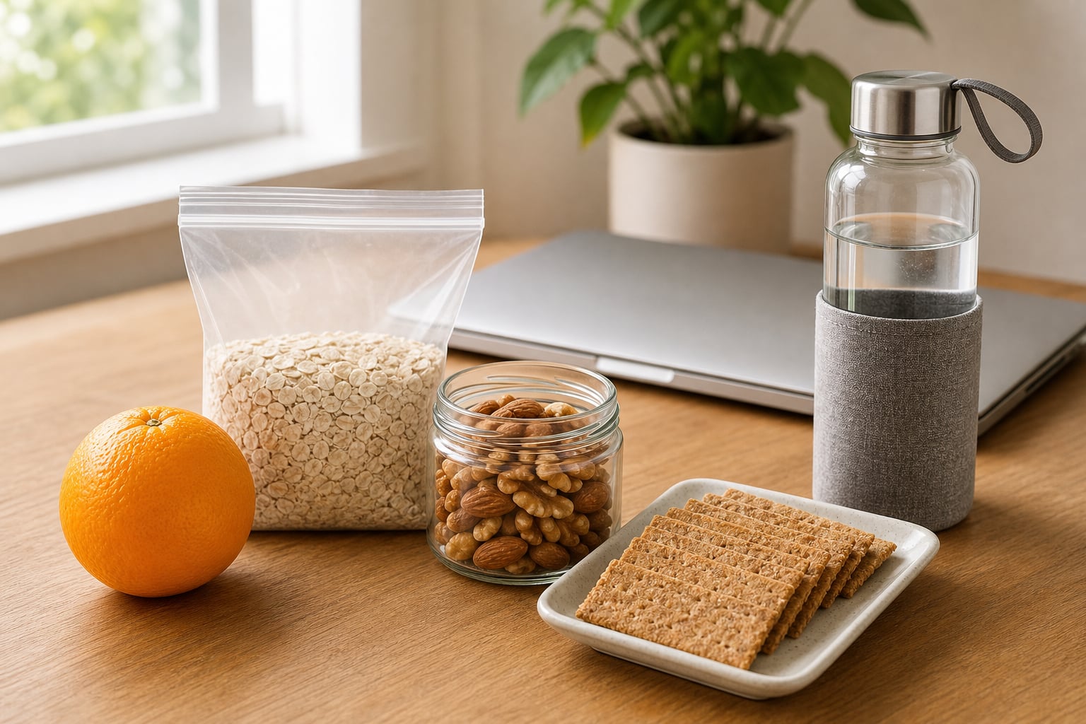 Orange, oats, nuts, crackers, and water arranged beside a closed laptop