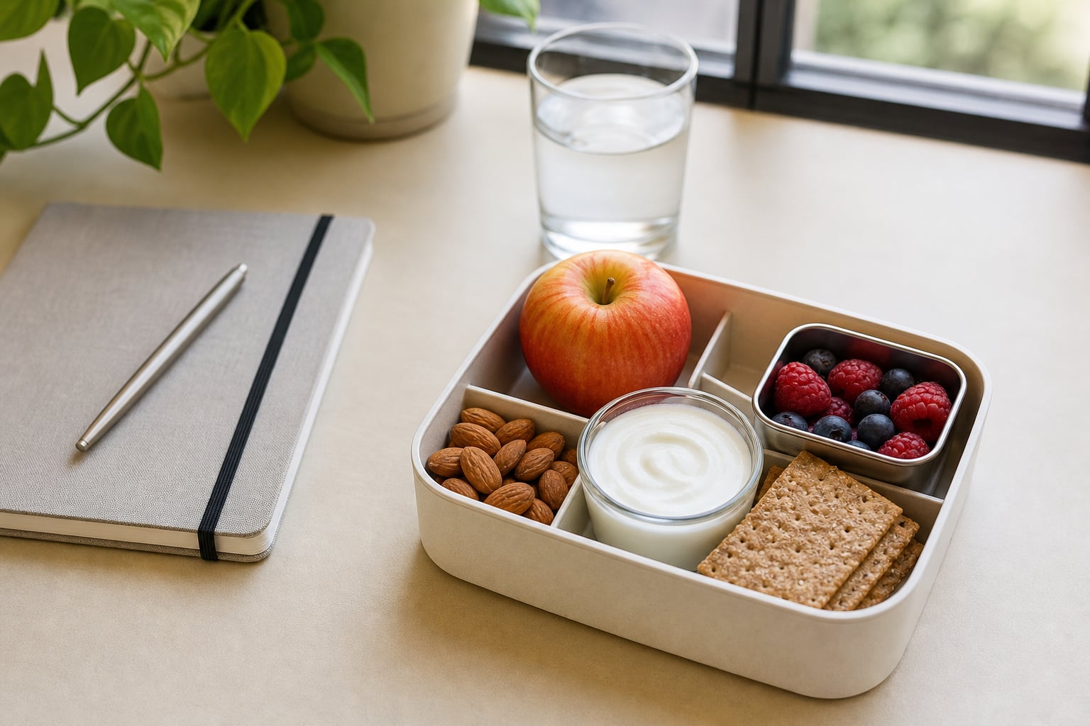 Apple, berries, yogurt, almonds, and whole-grain crackers packed for a workday snack