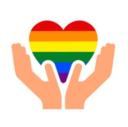Hands holding a rainbow heart