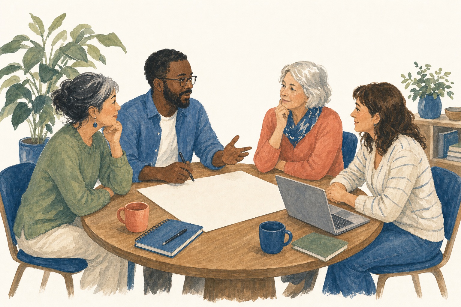 Illustration of four community volunteers sharing ideas around a fundraising planning table.