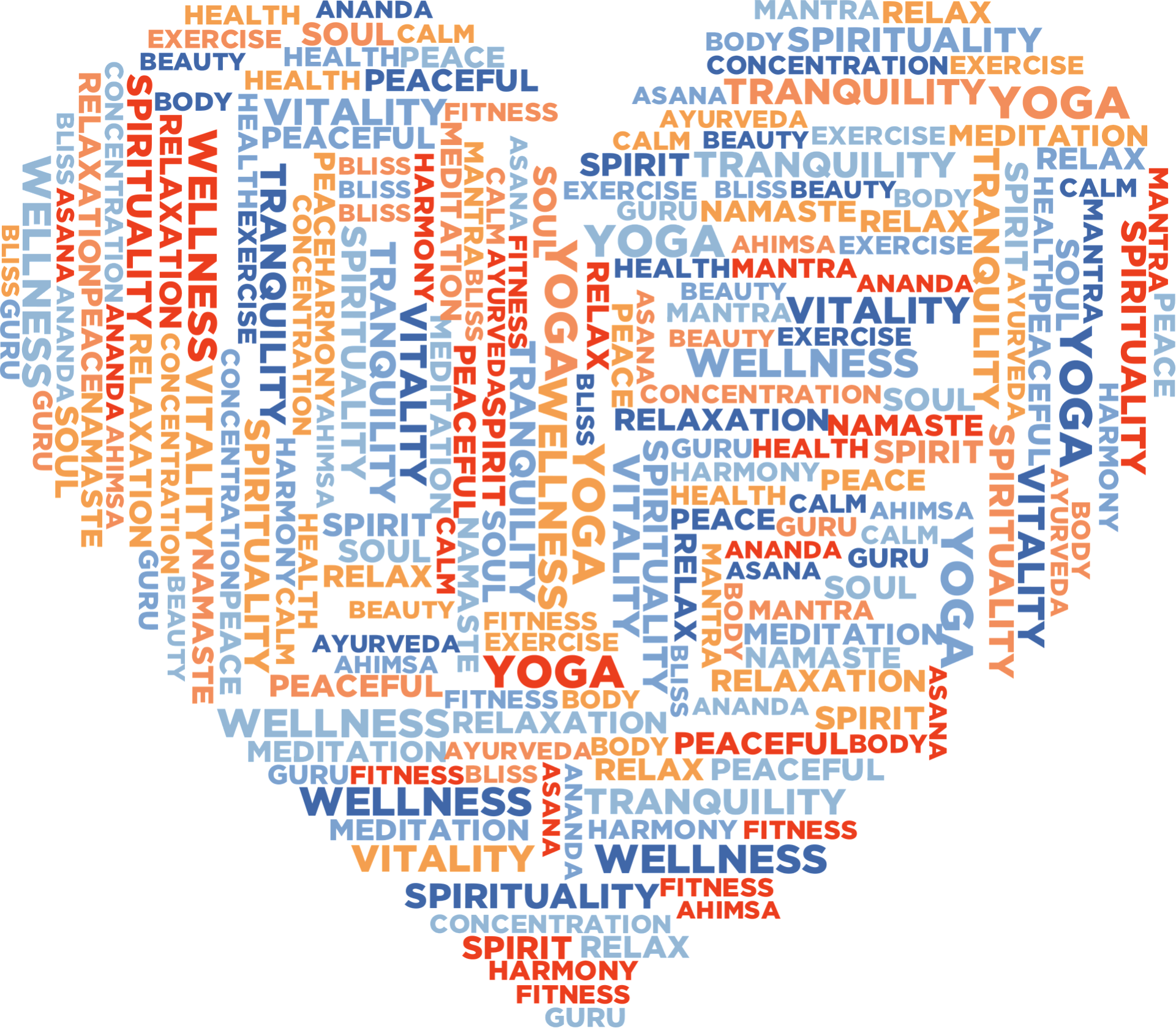 Heart-shaped wellness word art in blue and coral