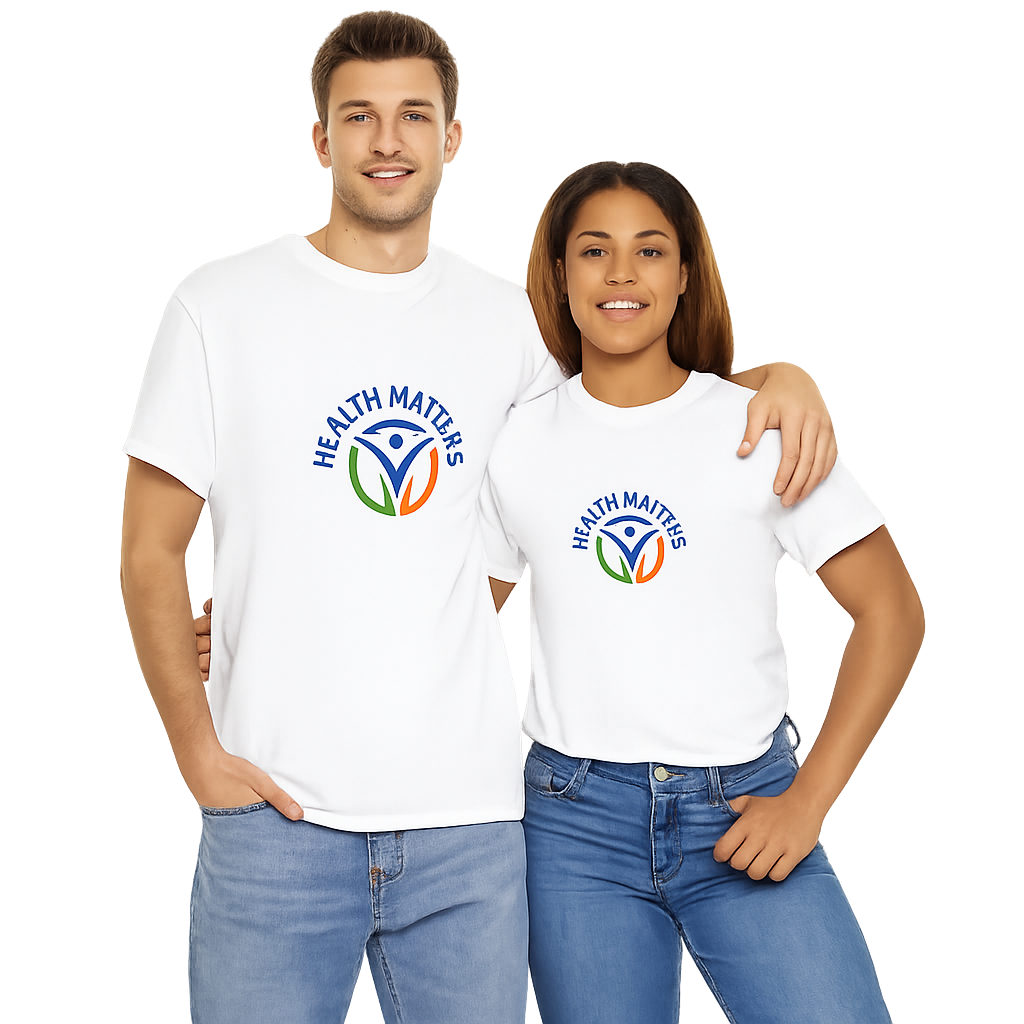 Two people wearing Health Matters T-shirts