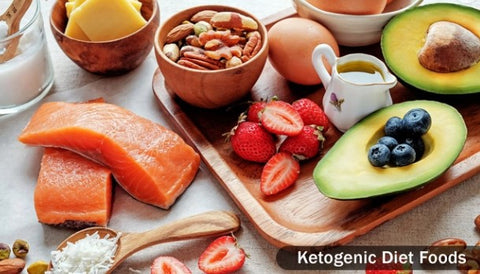 Nutritious foods including salmon, avocado, berries, and nuts