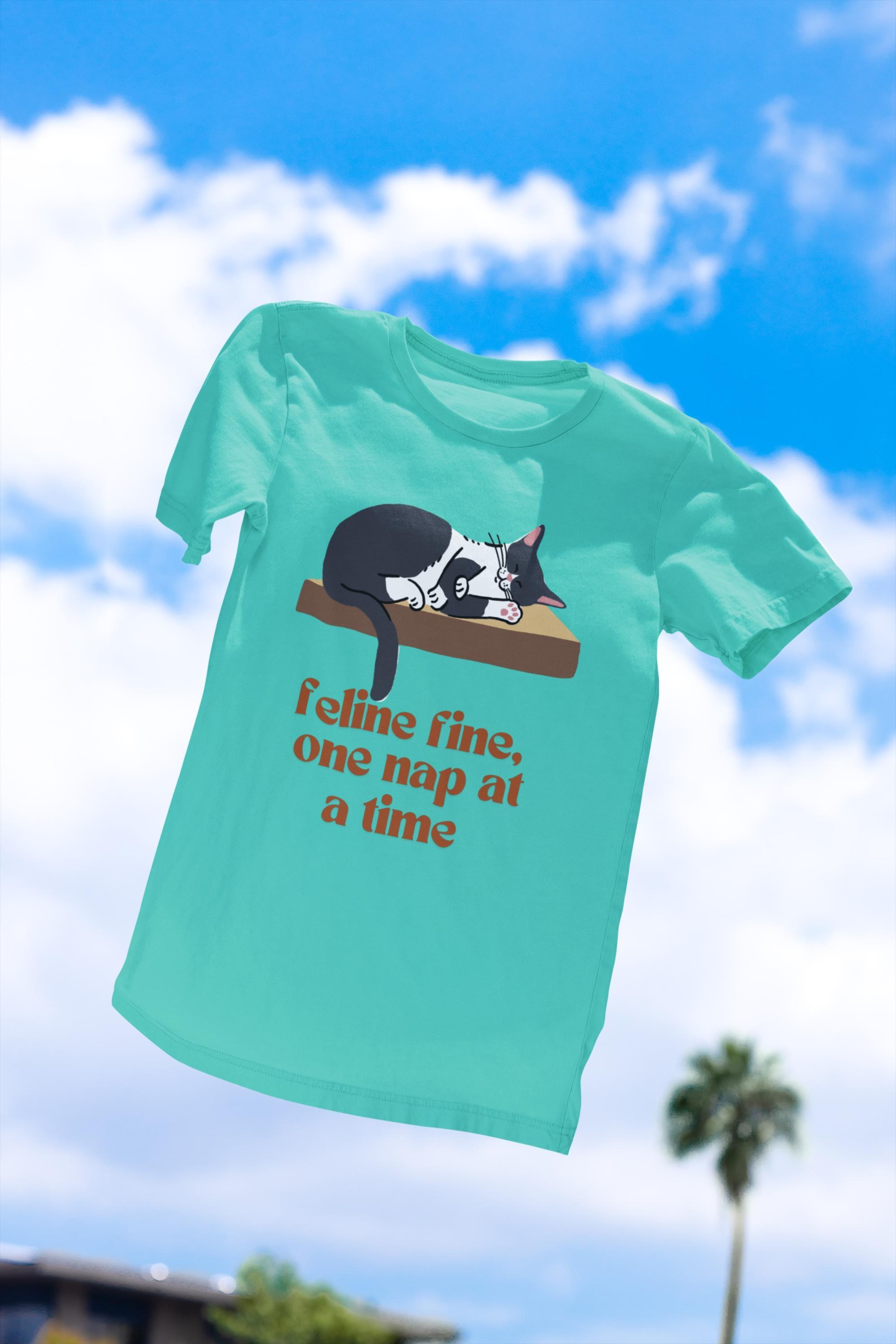 Feline Fine Cat Owner Shirt, Sleeping Cat Nap Design, 100% Cotton Unisex Tee