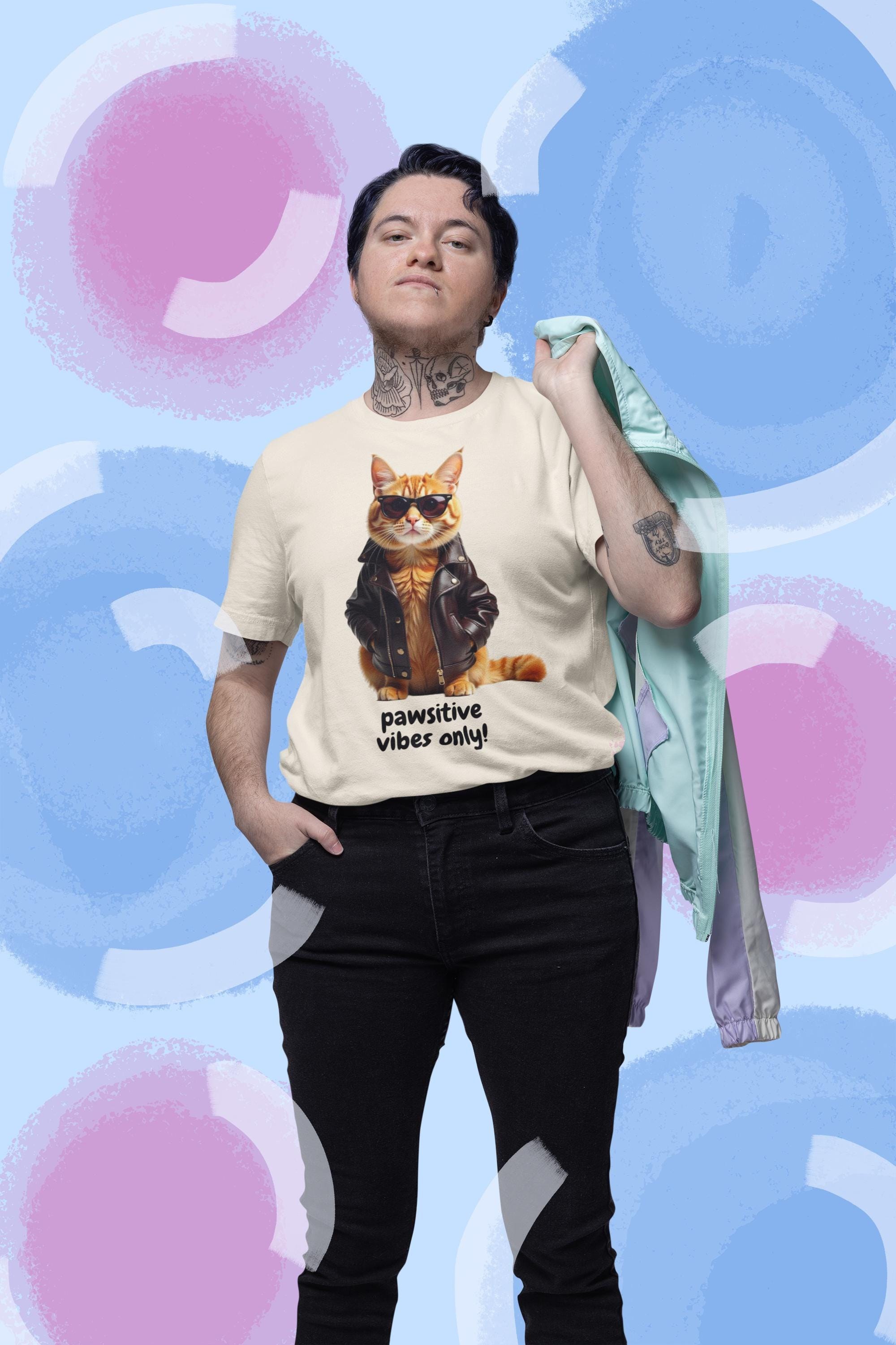 Cat T-Shirt With Pawsitive Vibes Graphic, 100% Cotton Cat Lover Tee