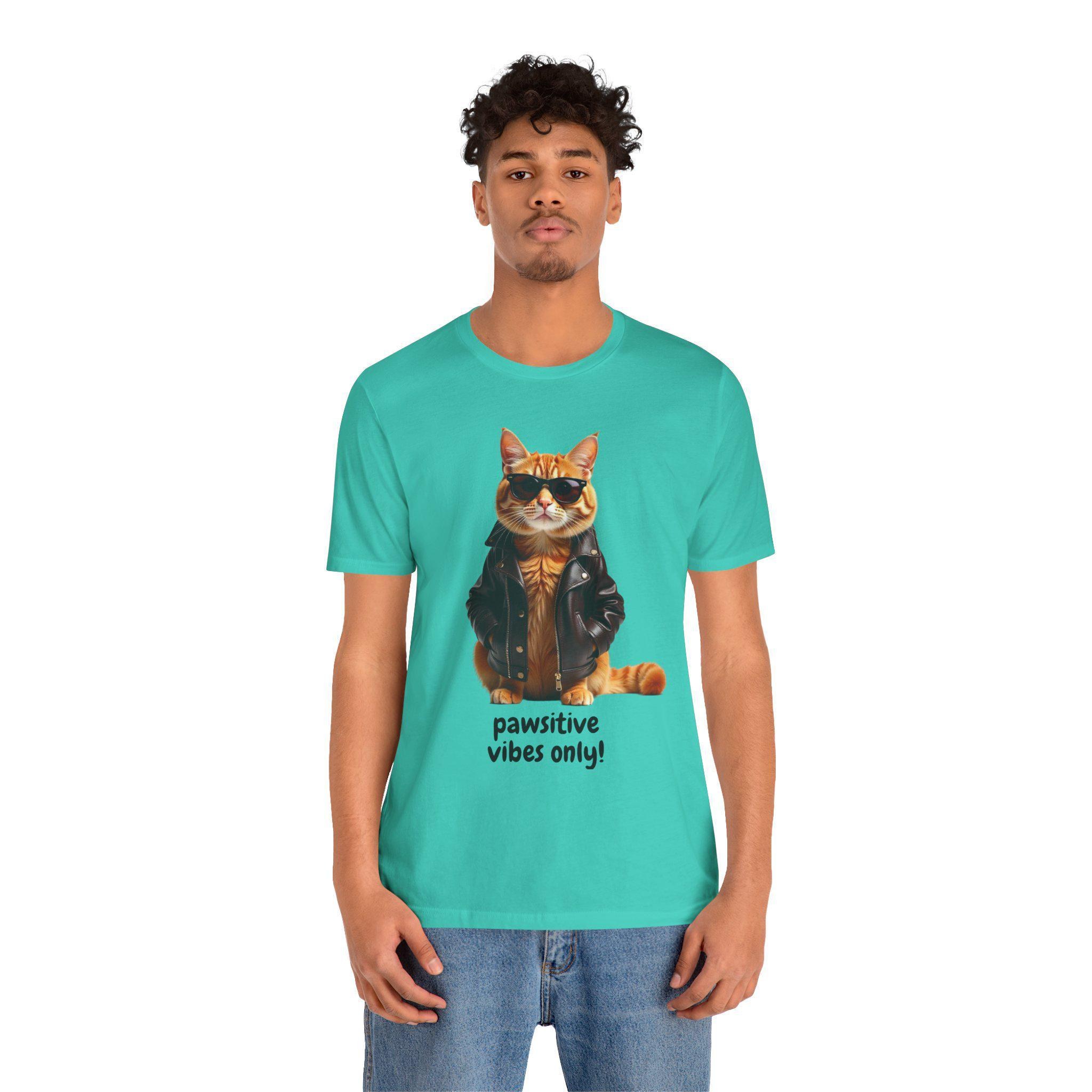 Cat T-Shirt With Pawsitive Vibes Graphic, 100% Cotton Cat Lover Tee, image 9