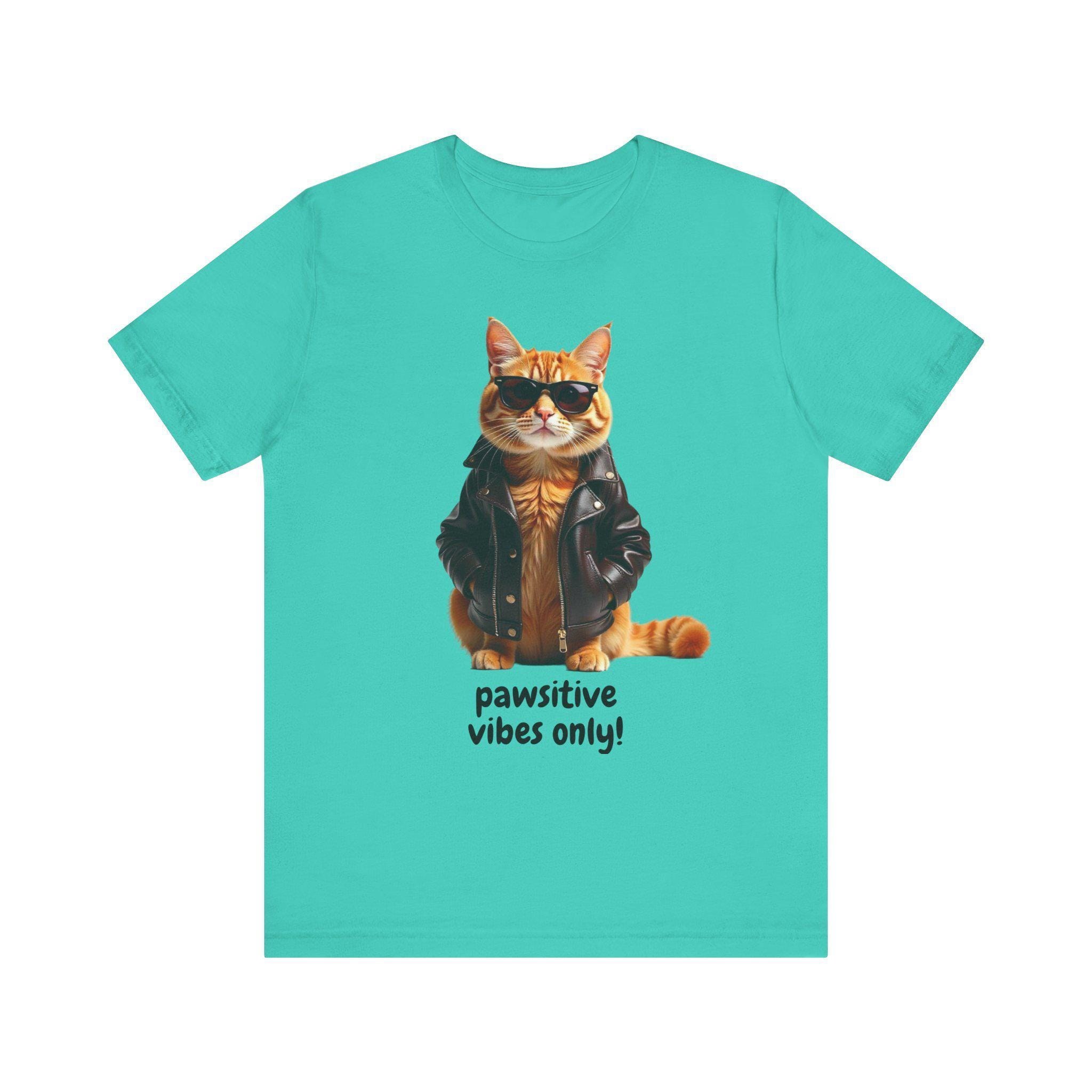 Cat T-Shirt With Pawsitive Vibes Graphic, 100% Cotton Cat Lover Tee, image 3