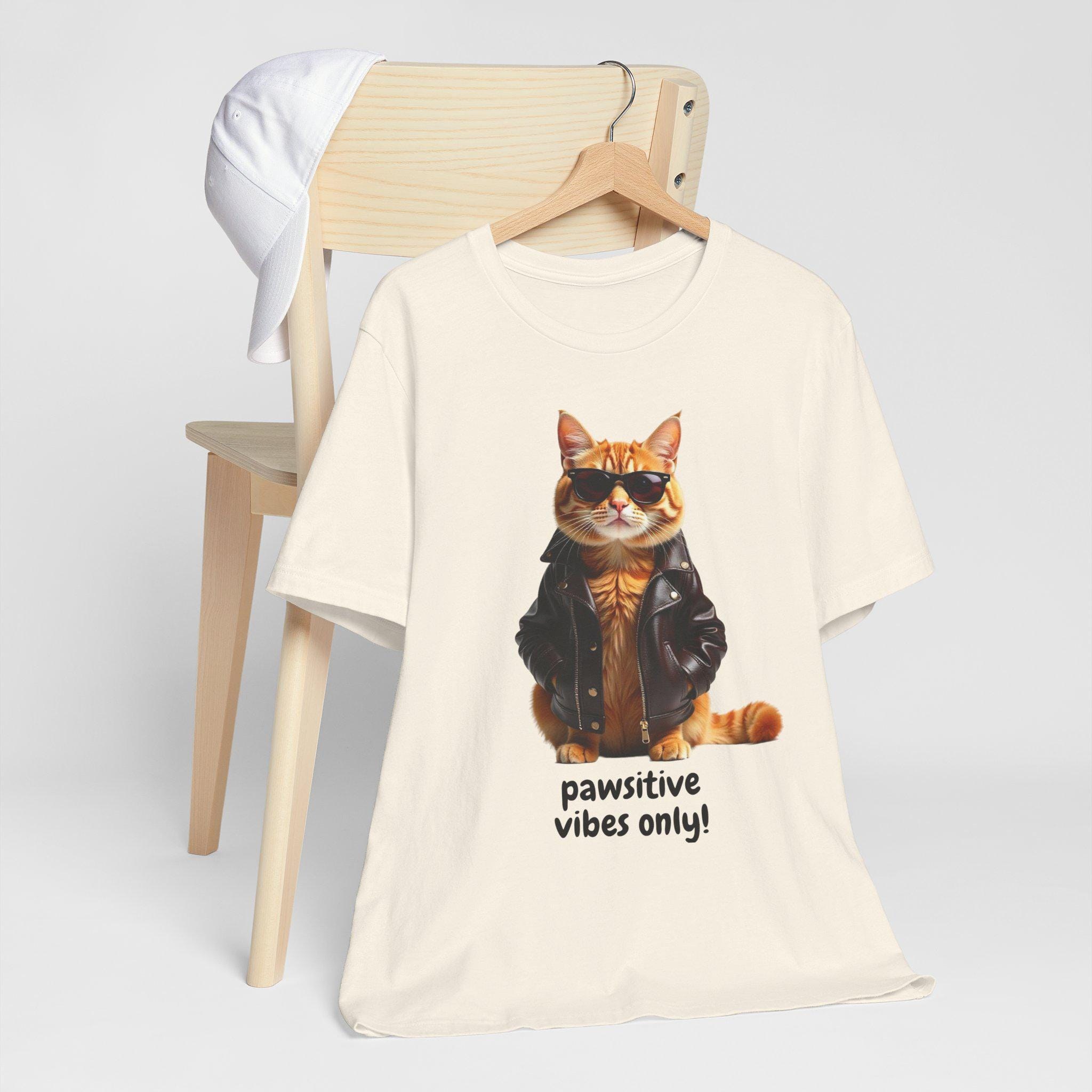 Cat T-Shirt With Pawsitive Vibes Graphic, 100% Cotton Cat Lover Tee, image 7