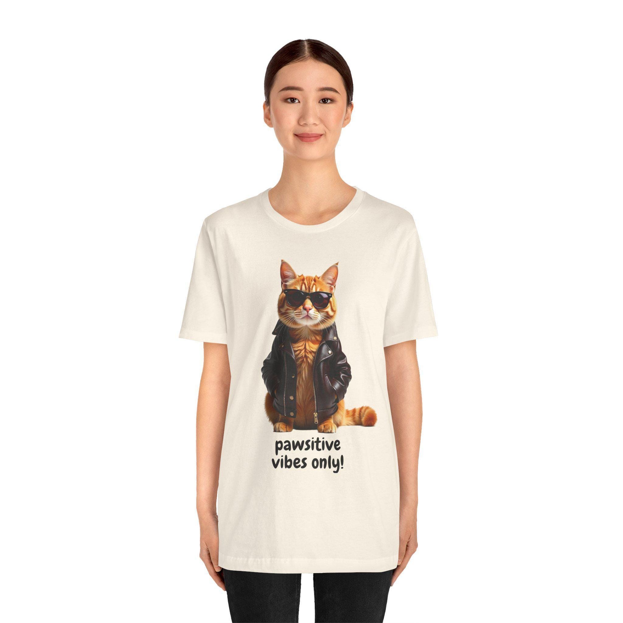 Cat T-Shirt With Pawsitive Vibes Graphic, 100% Cotton Cat Lover Tee, image 8